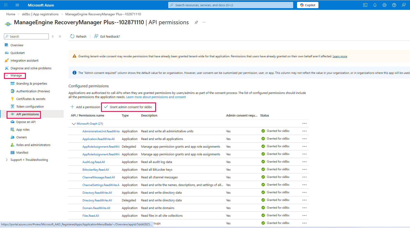 Granting admin consent for the application