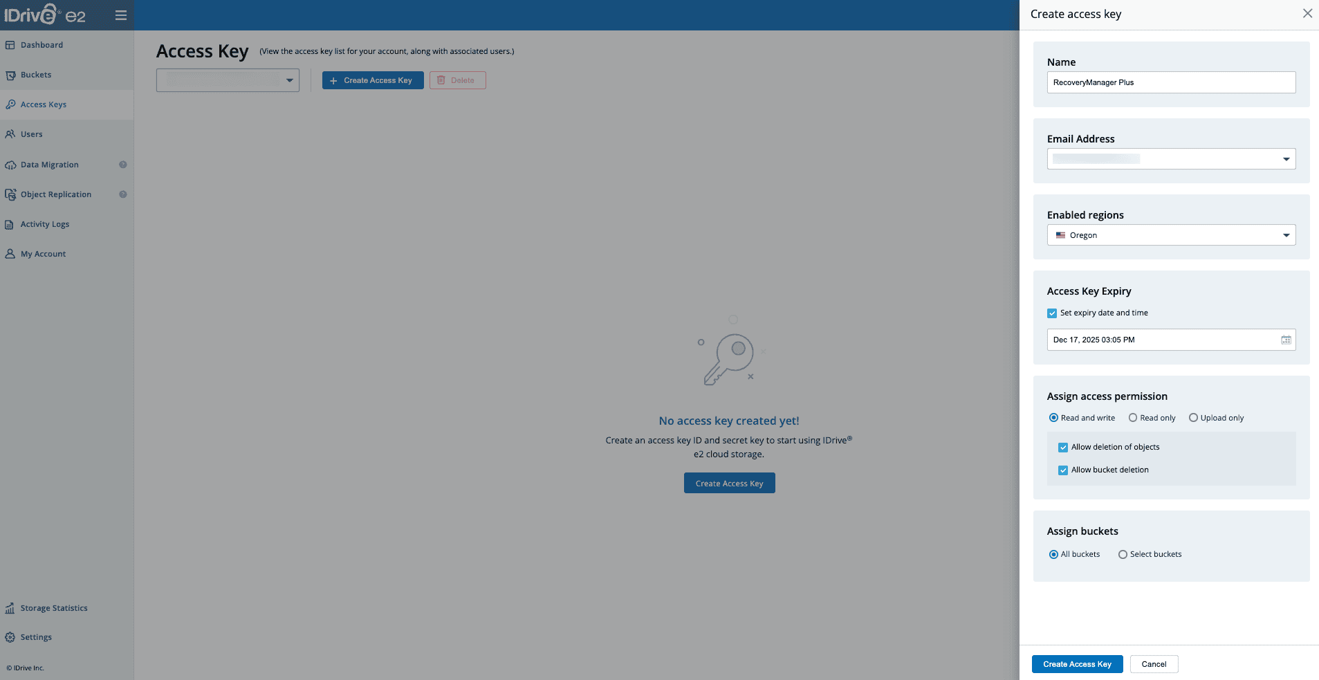 IDrive e2 access key configuration console