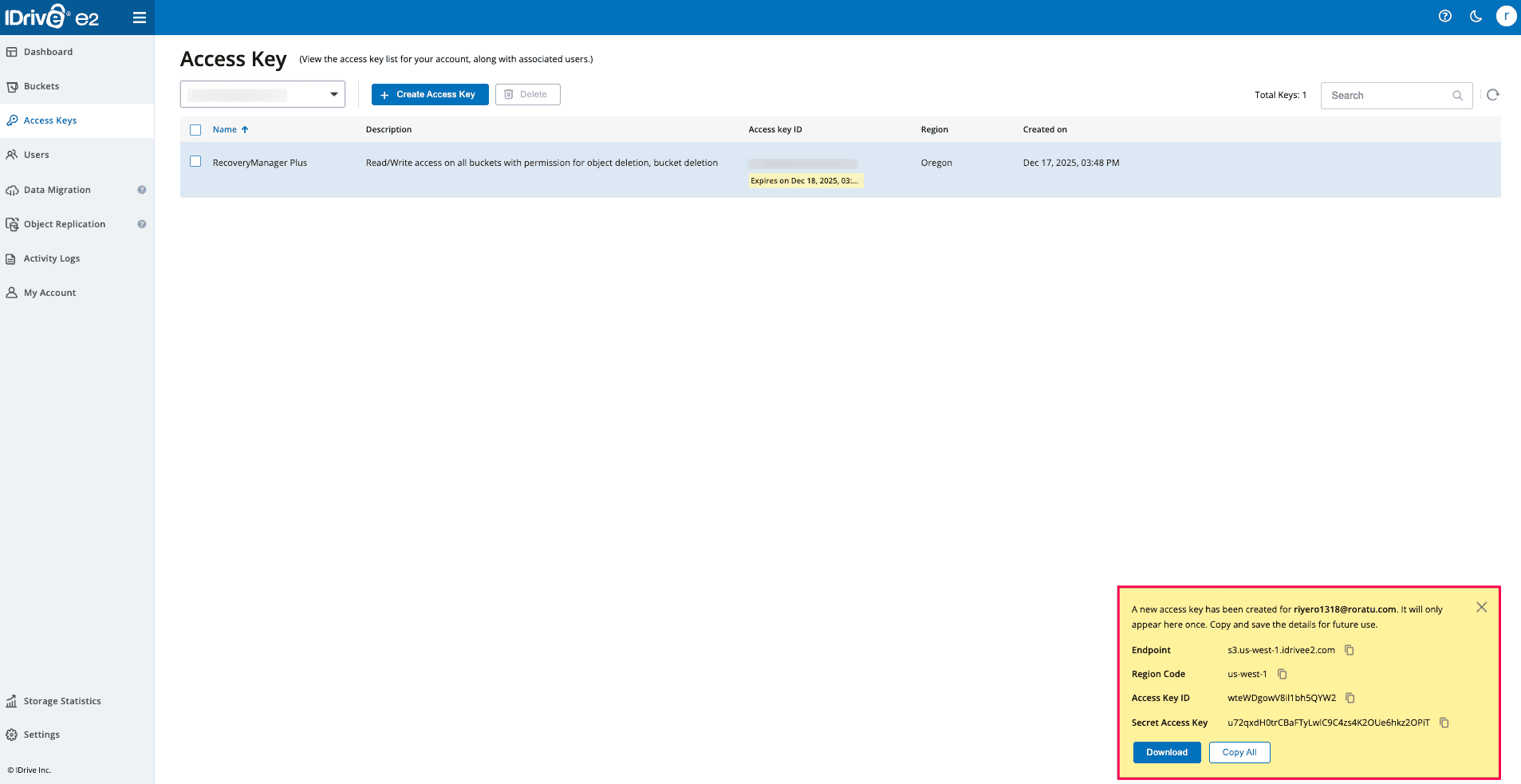 IDrive e2 access key details screen