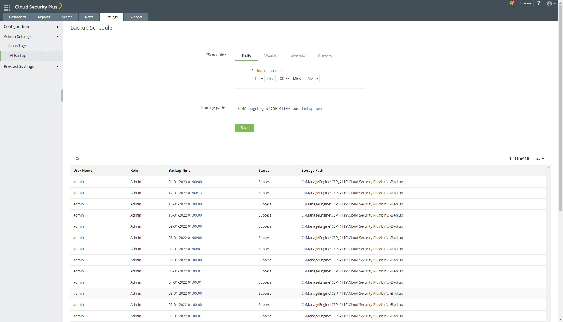 Database backup settings