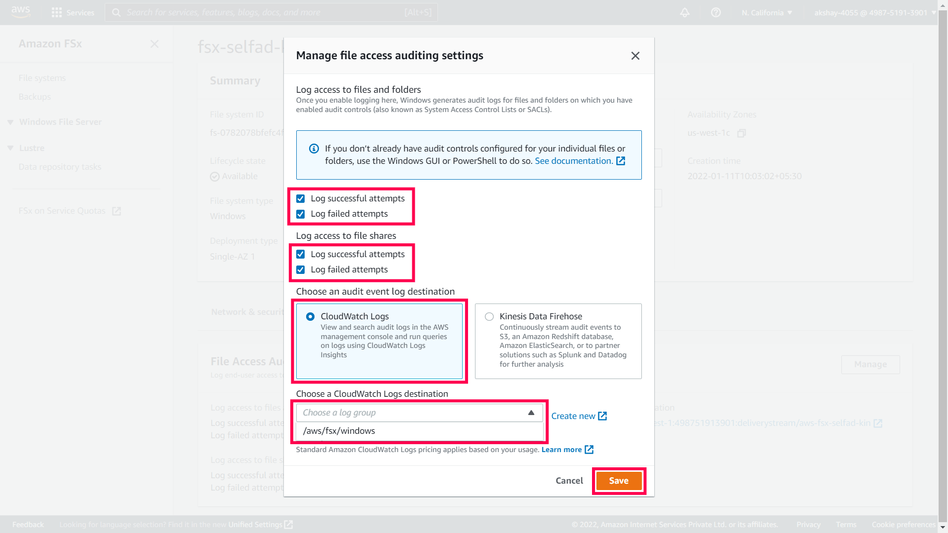 Enable file access auditing on the Amazon FSx file system