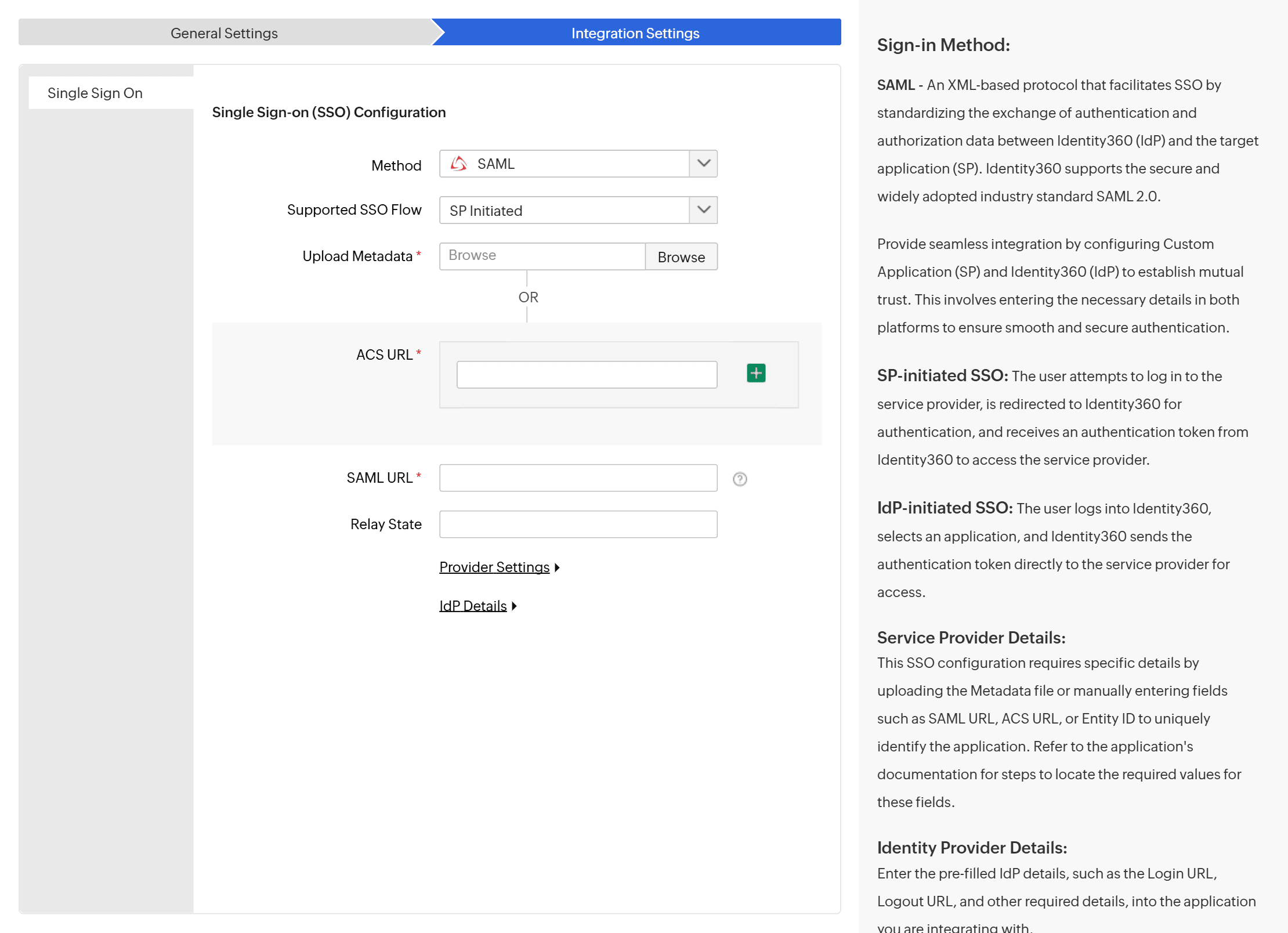 Integration Settings with Method set to SAML and Supported SSO Flow set to SP Initiated