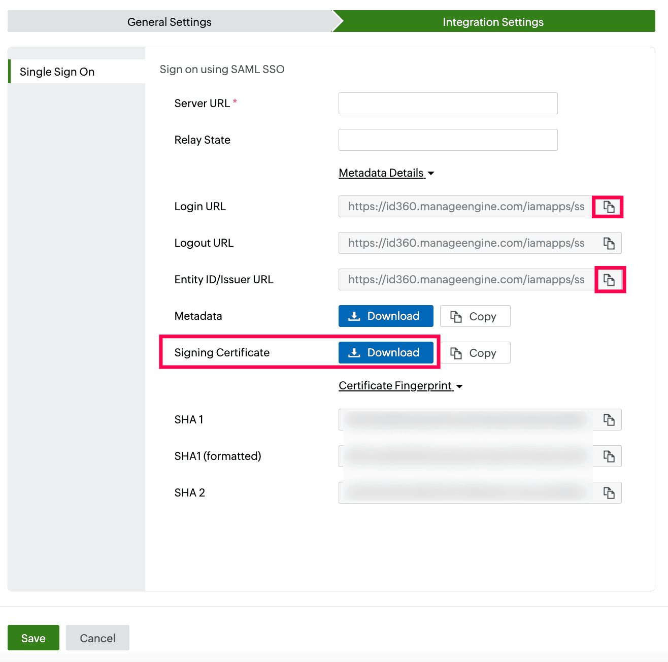 Identity360 application configuration Integration Settings