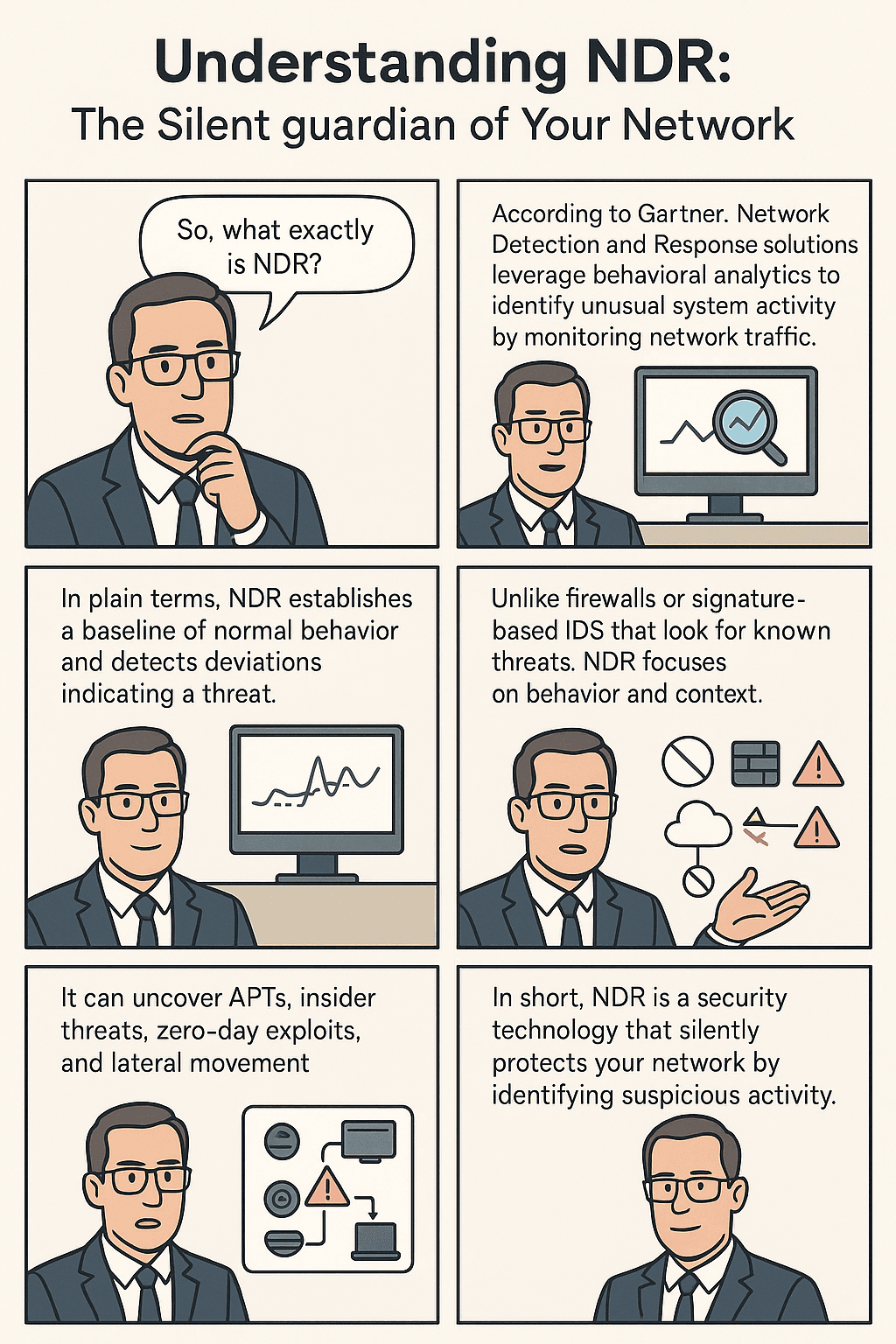 Understanding Network Detection and Response (NDR) - A visual explanation of how NDR works using behavioral analytics to monitor network traffic, detect threats, and protect against APTs, insider threats, and zero-day exploits.