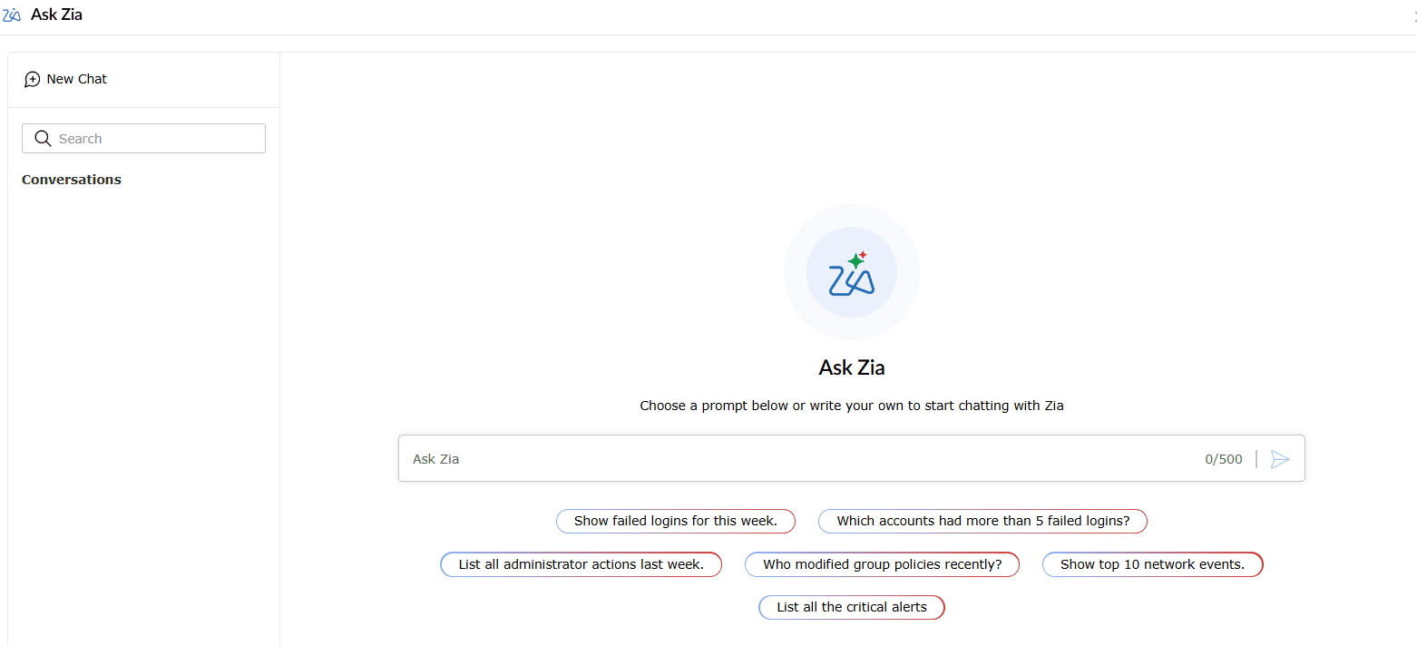 Log360's Ask Zia console for iterative log analysis and forensic investigation