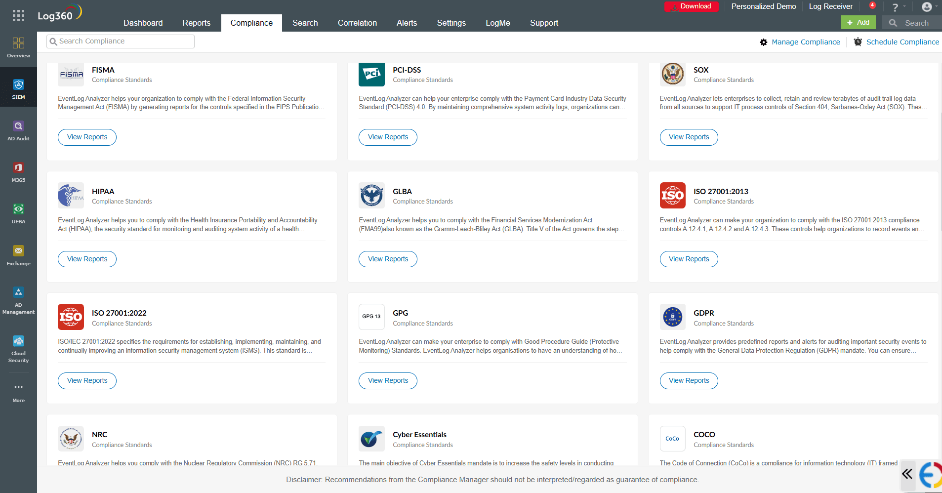 Compliance reports in Log360.