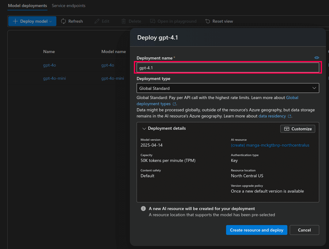 Deployment settings in Azure AI Foundry portal
