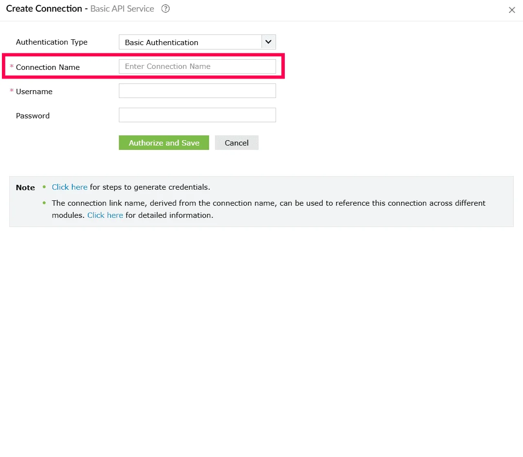 Entering a connection name for basic authentication connection