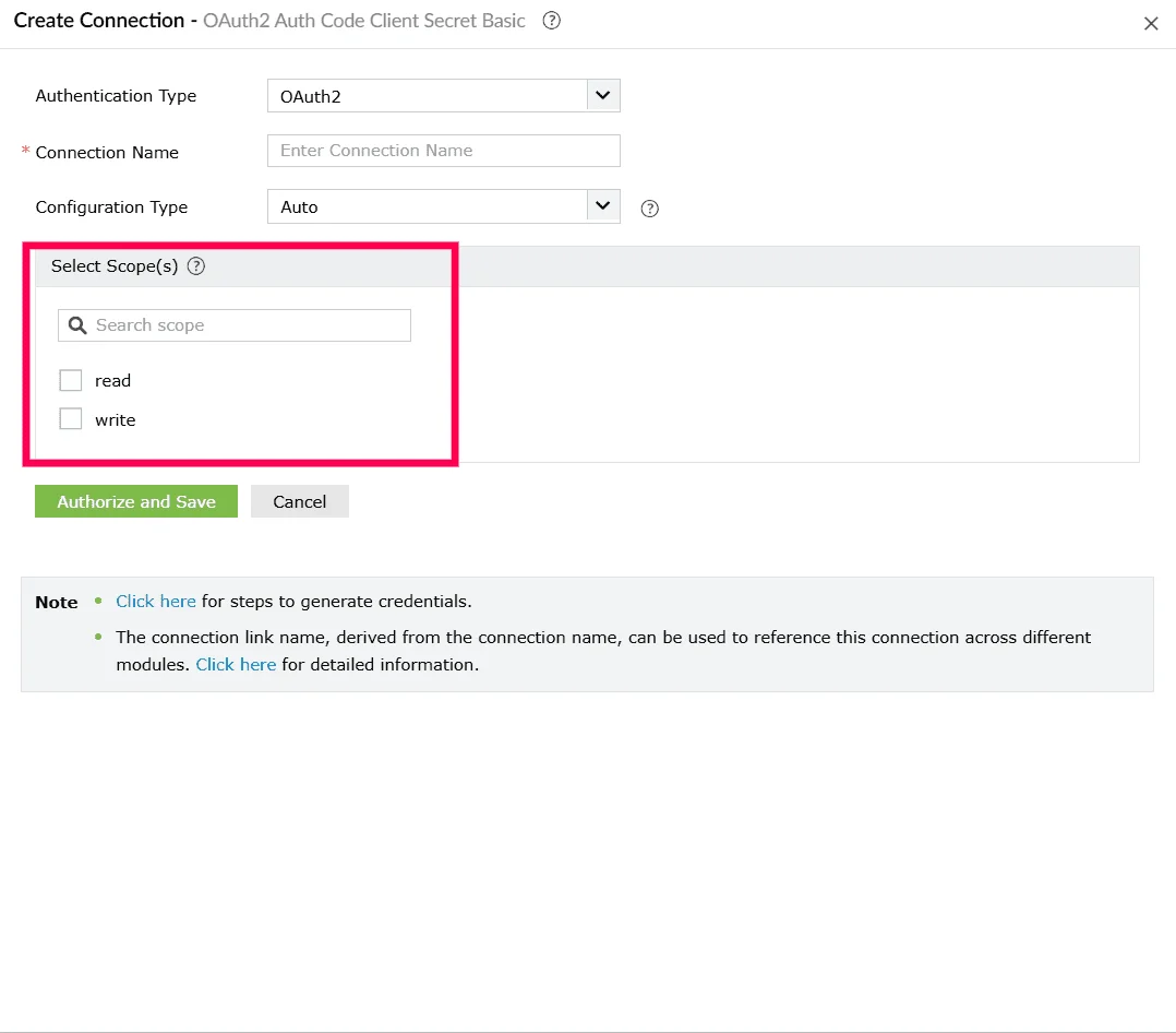 Selecting scopes for OAuth 2 connection