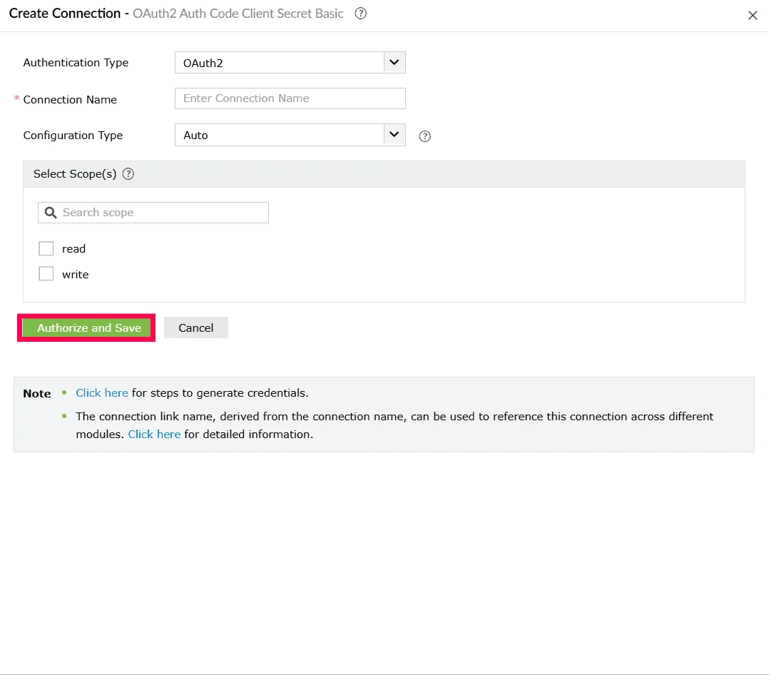 Creating a connection with OAuth 2 auto configuration