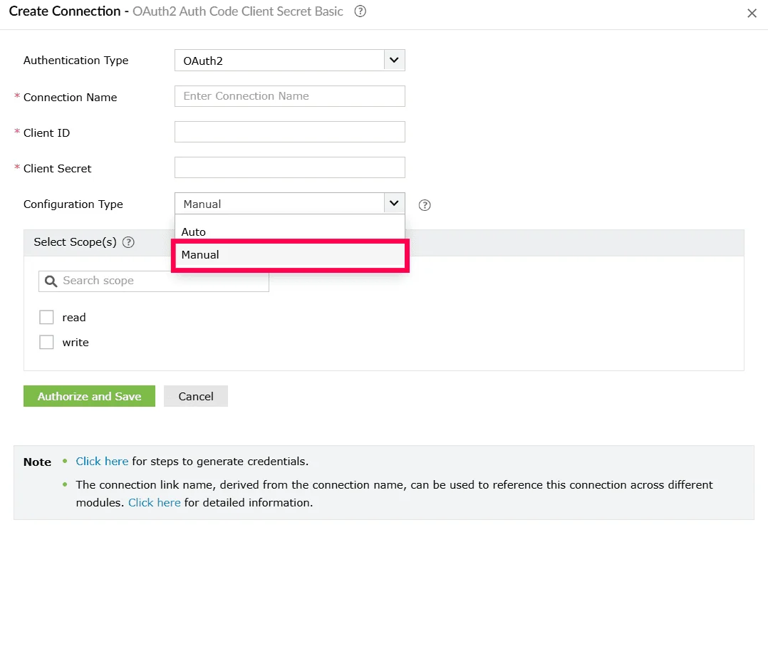 Selecting manual configuration type for OAuth 2