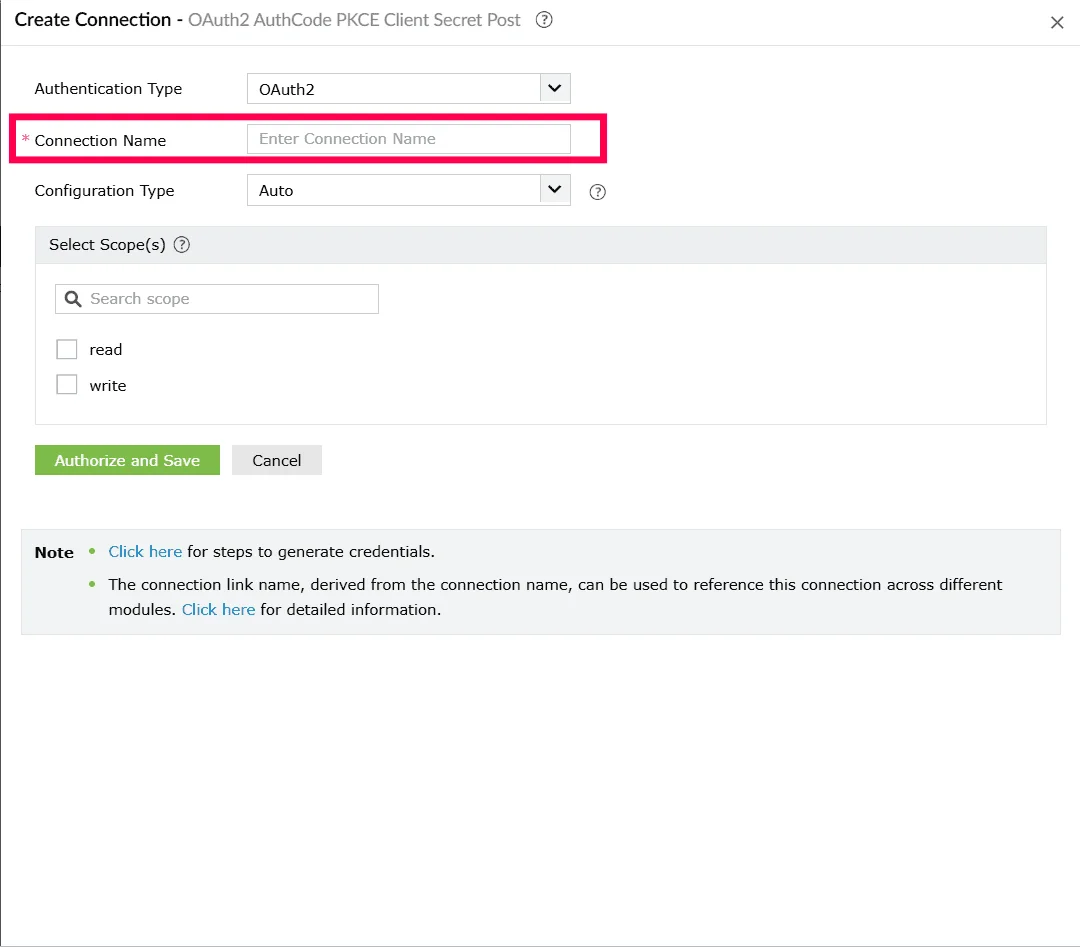 Entering a connection name for authorization code with PKCE