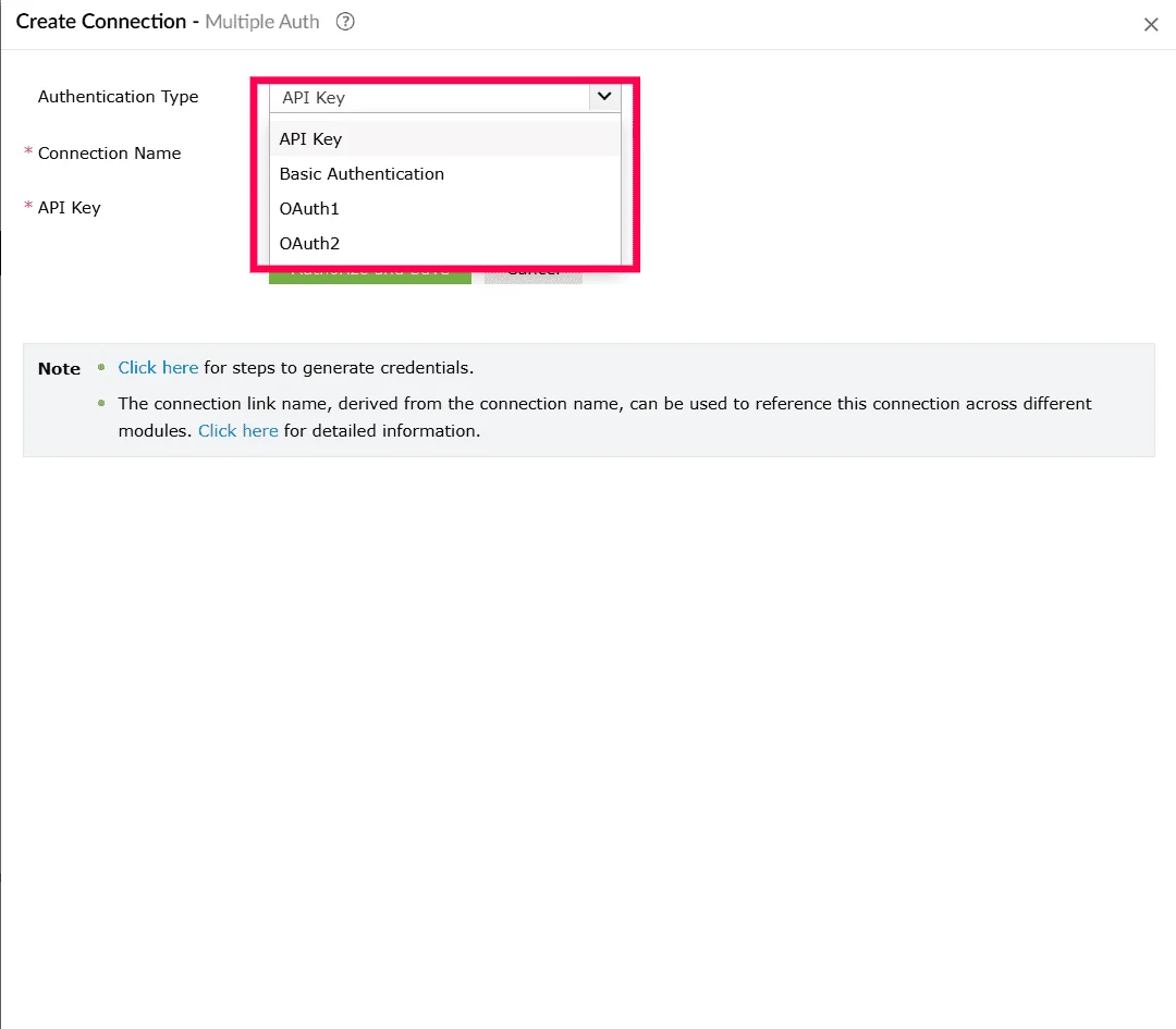Selecting an authentication type in the Create Connection window