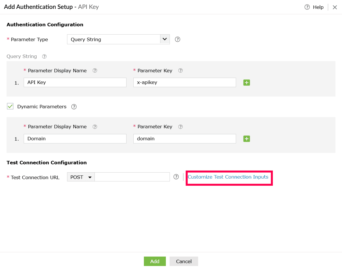 Customizing test connection inputs