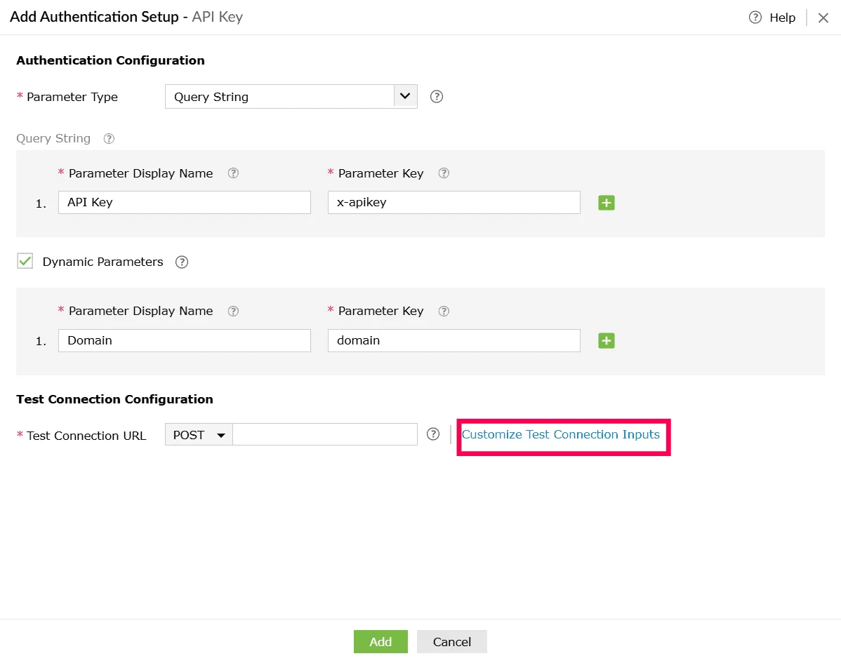 Configuring parameters for test connection