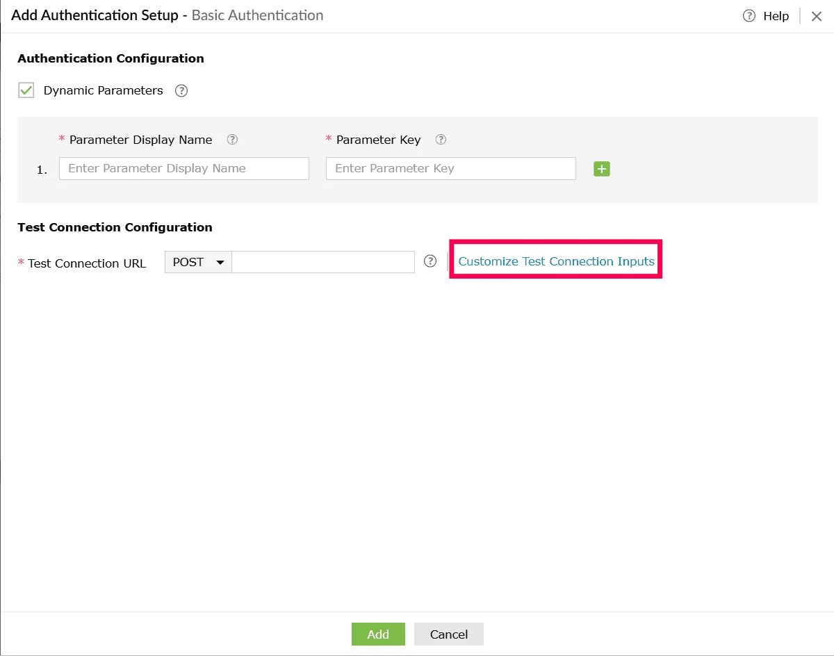 Customizing test connection inputs