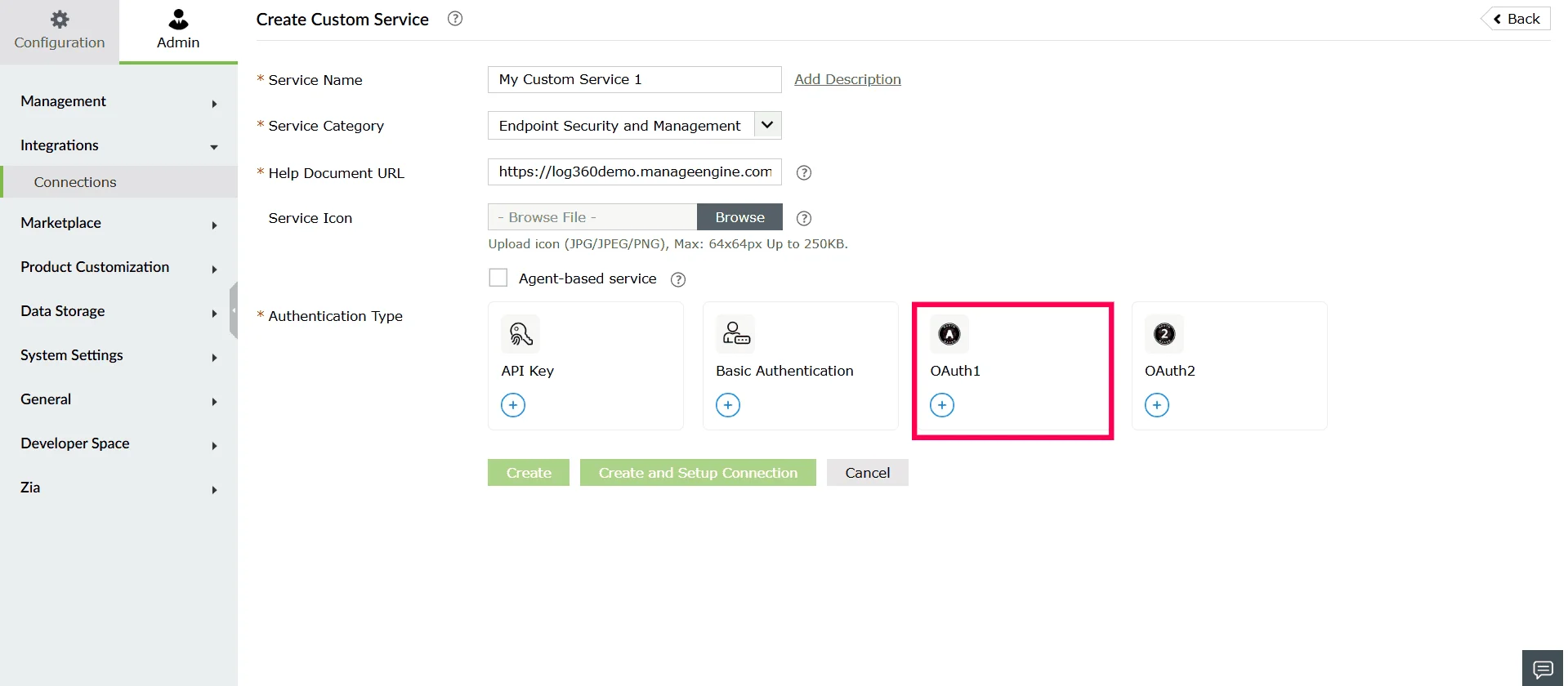 Selecting an authentication type in the Create Custom Service page