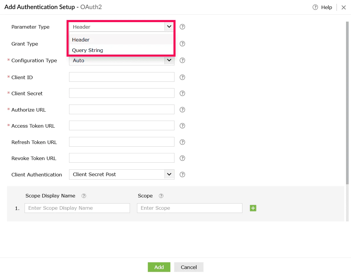 Selecting parameter type in the Add Authentication Setup window
