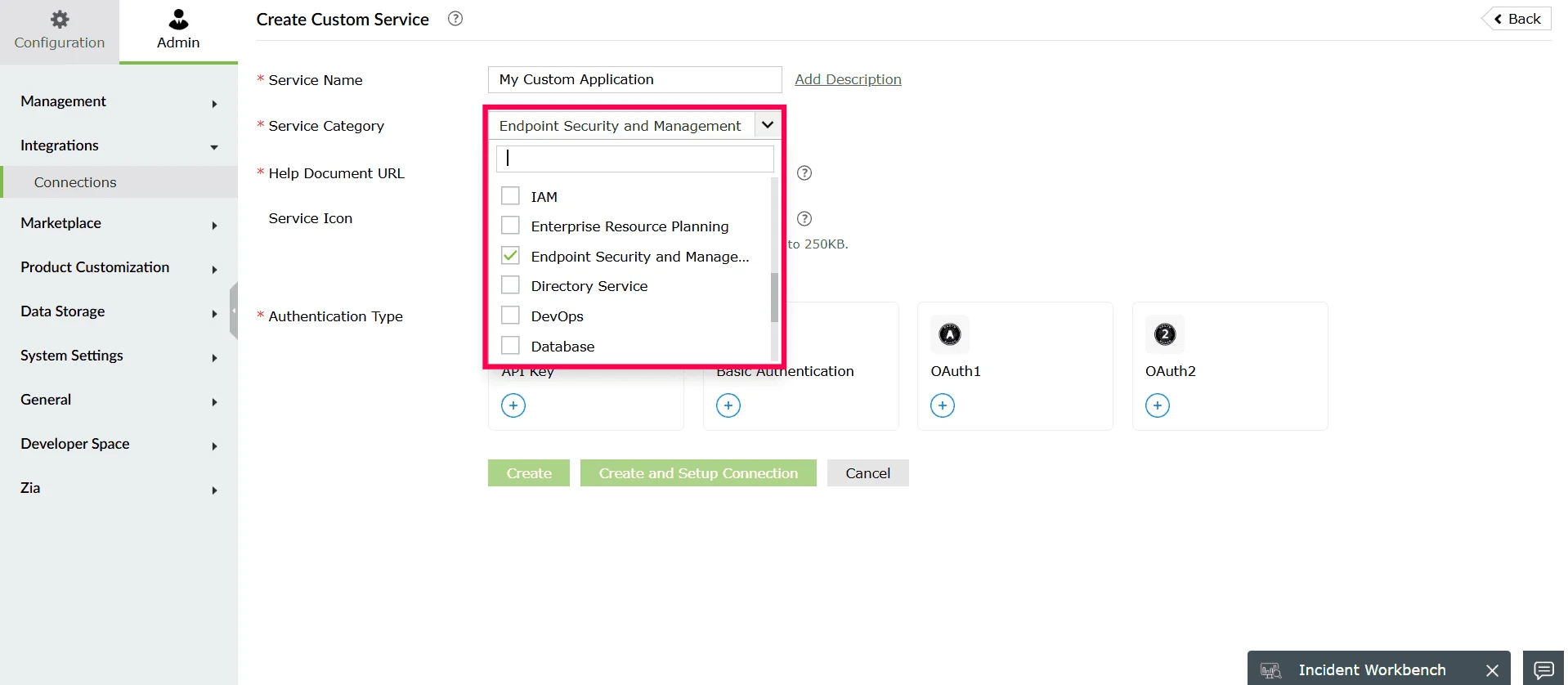 Selecting a service category