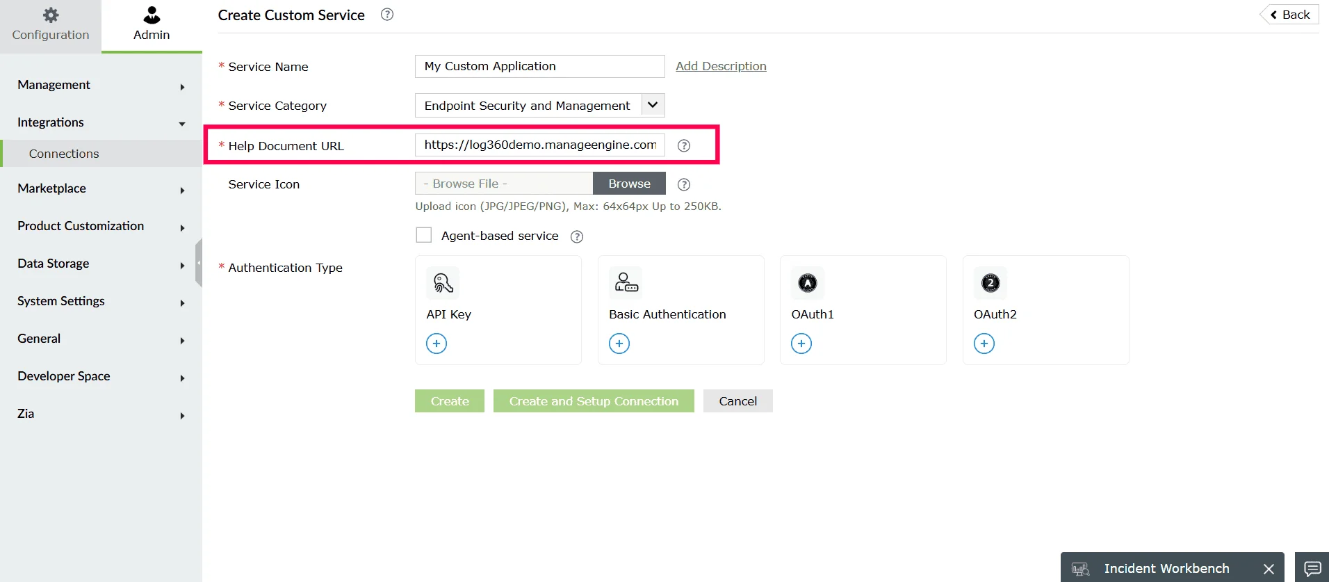 Adding help document URL