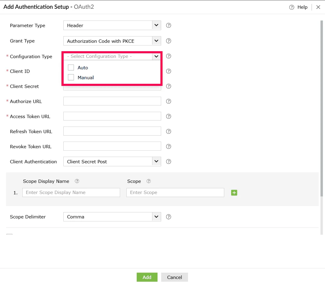 Selecting configuration type in the Create Custom Service page