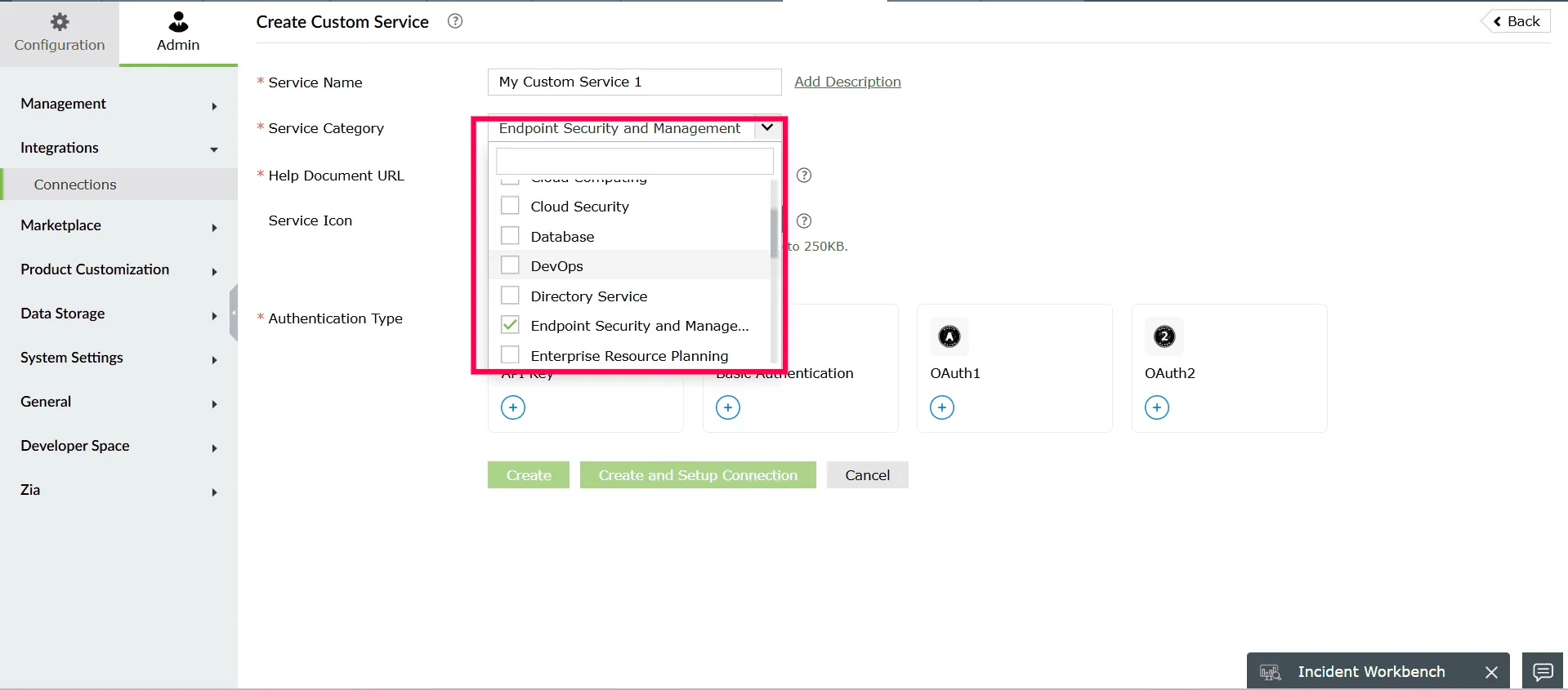 Selecting a service category from the dropdown