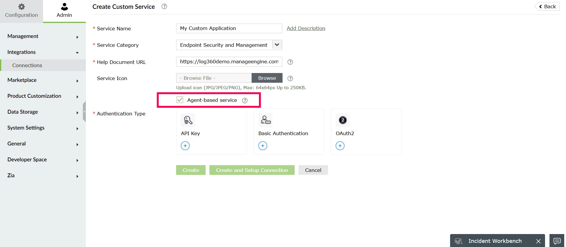 Enabling agent-based service when creating a custom service