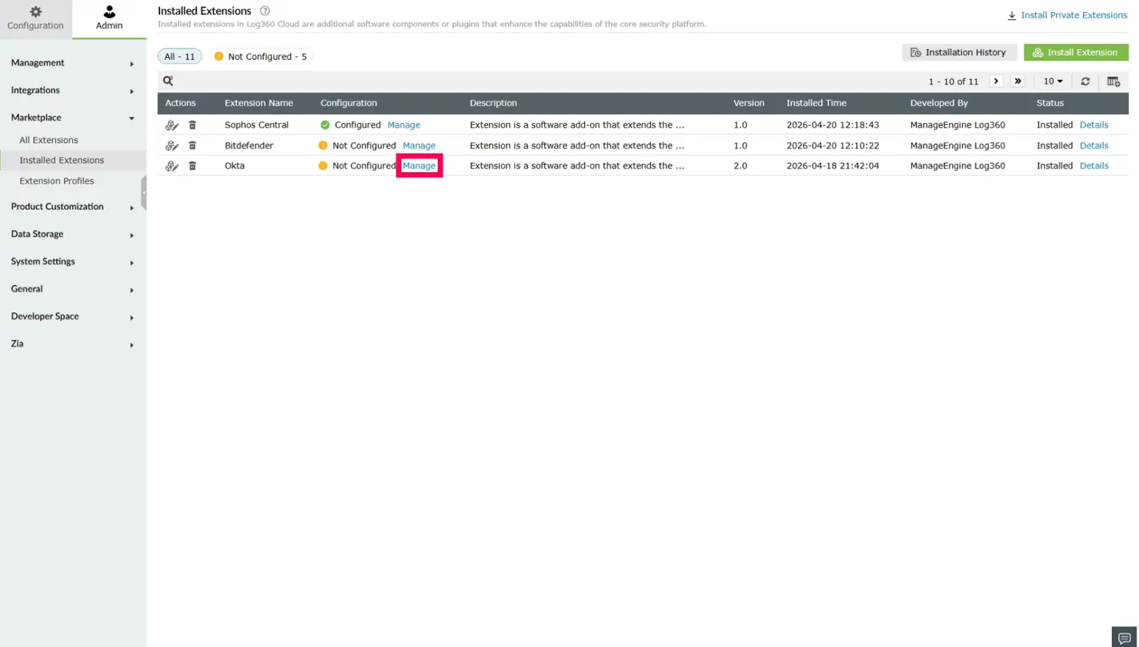 Managing extensions