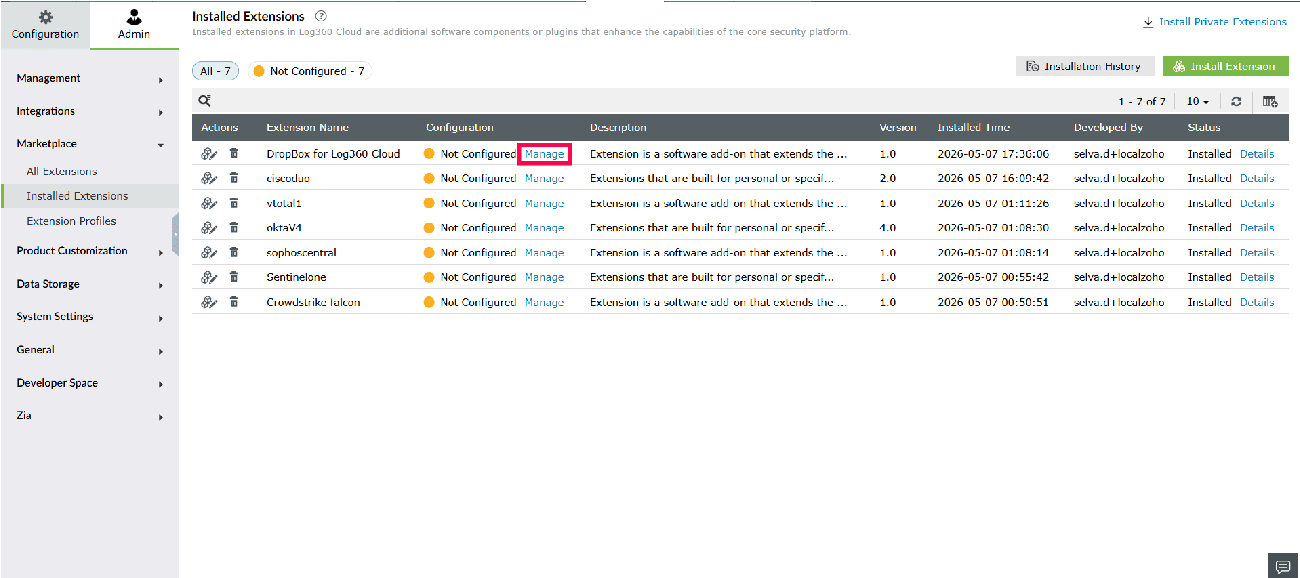 Managing the Dropbox extension
