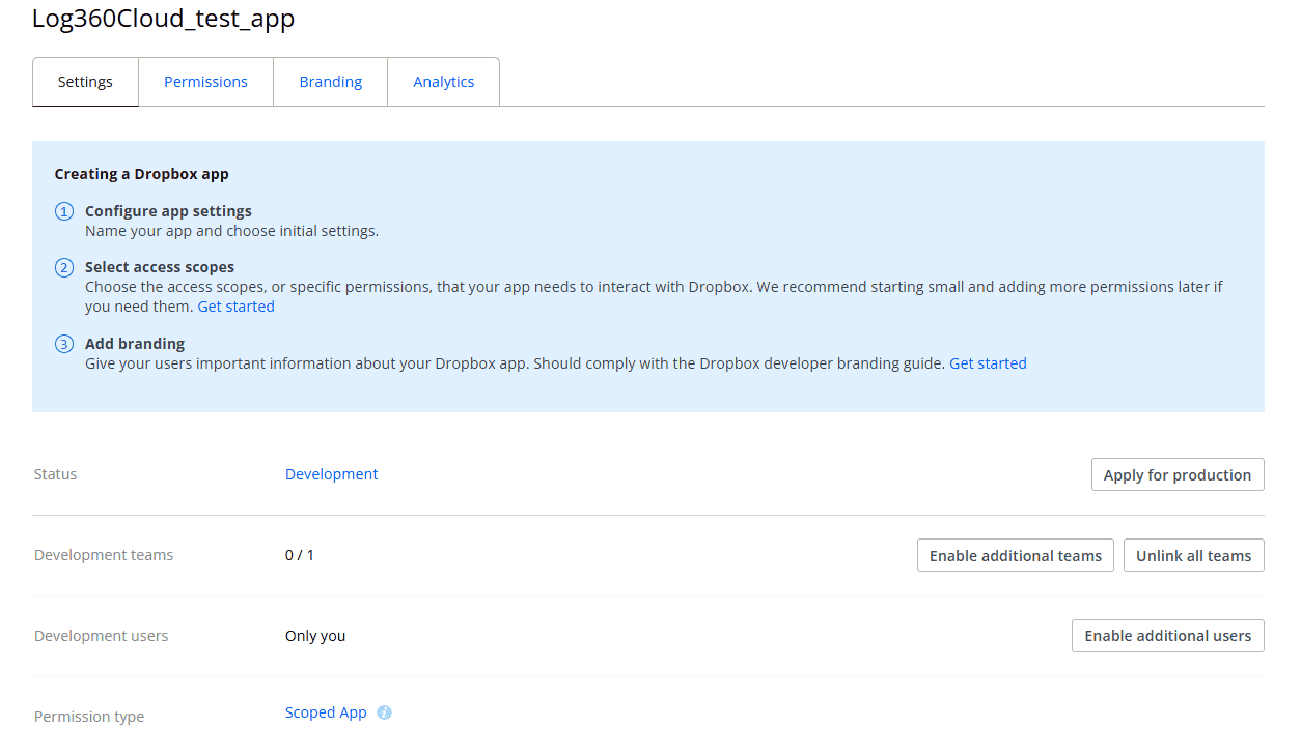 Dropbox app settings page