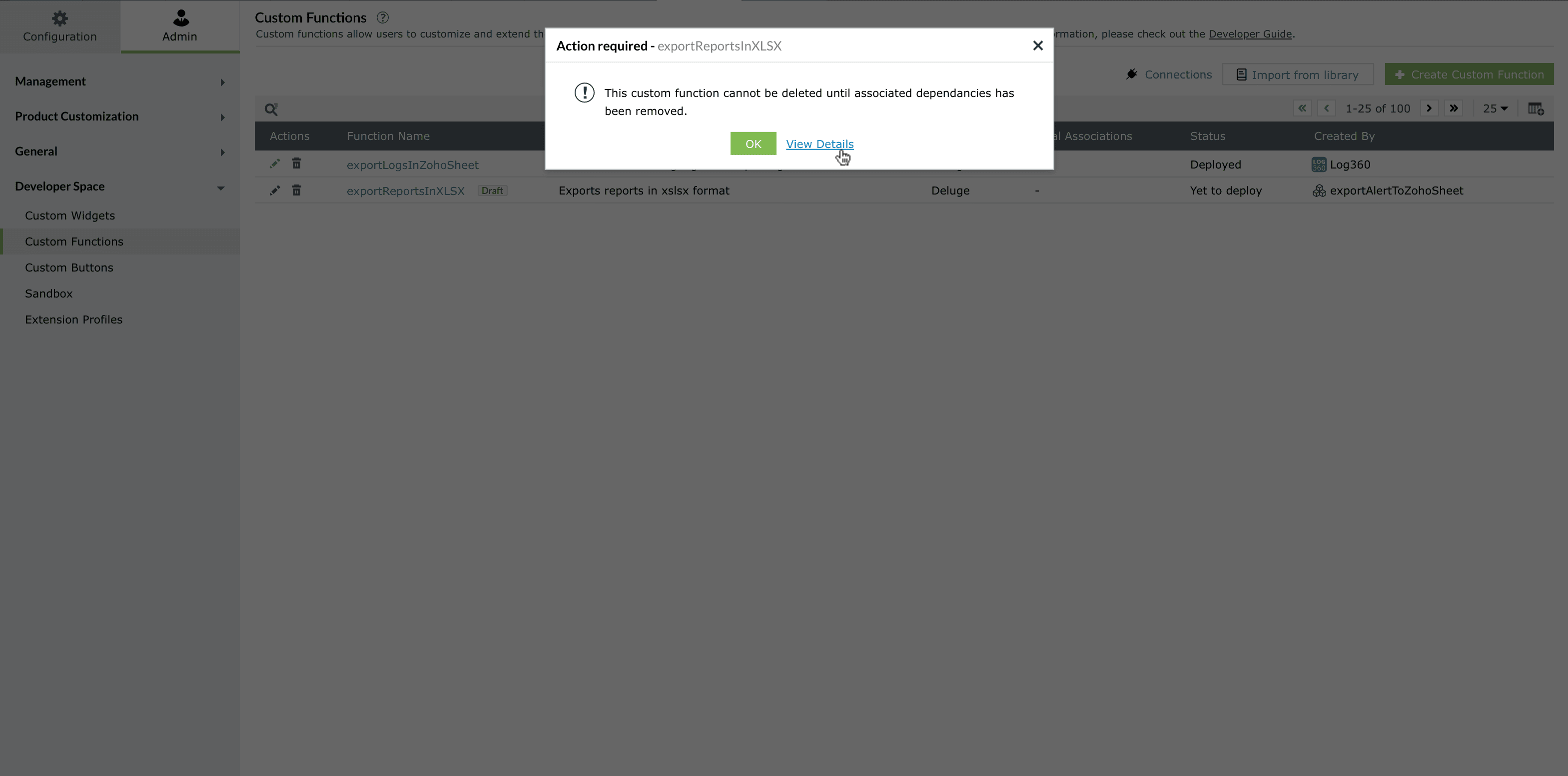 Manage custom functions
