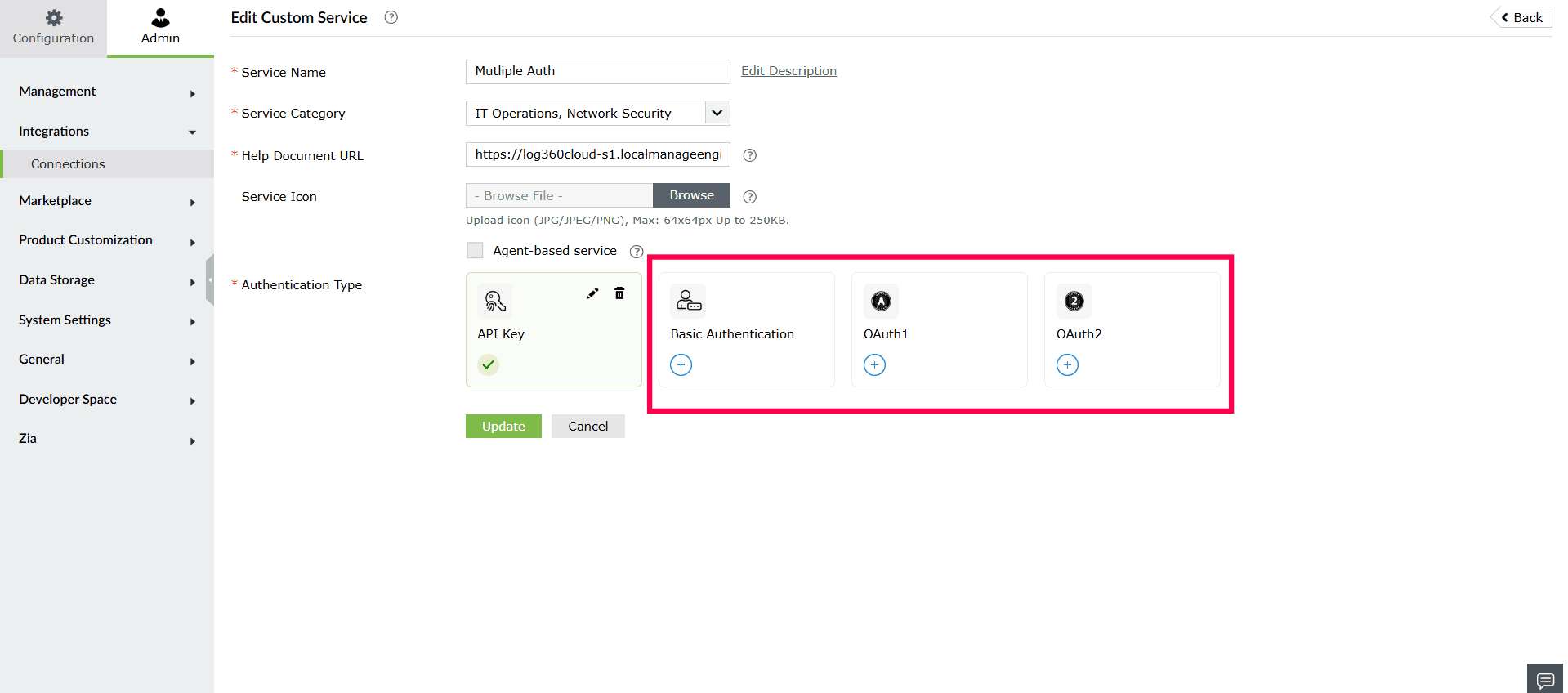 Selecting an authentication type in the Edit Custom Service window