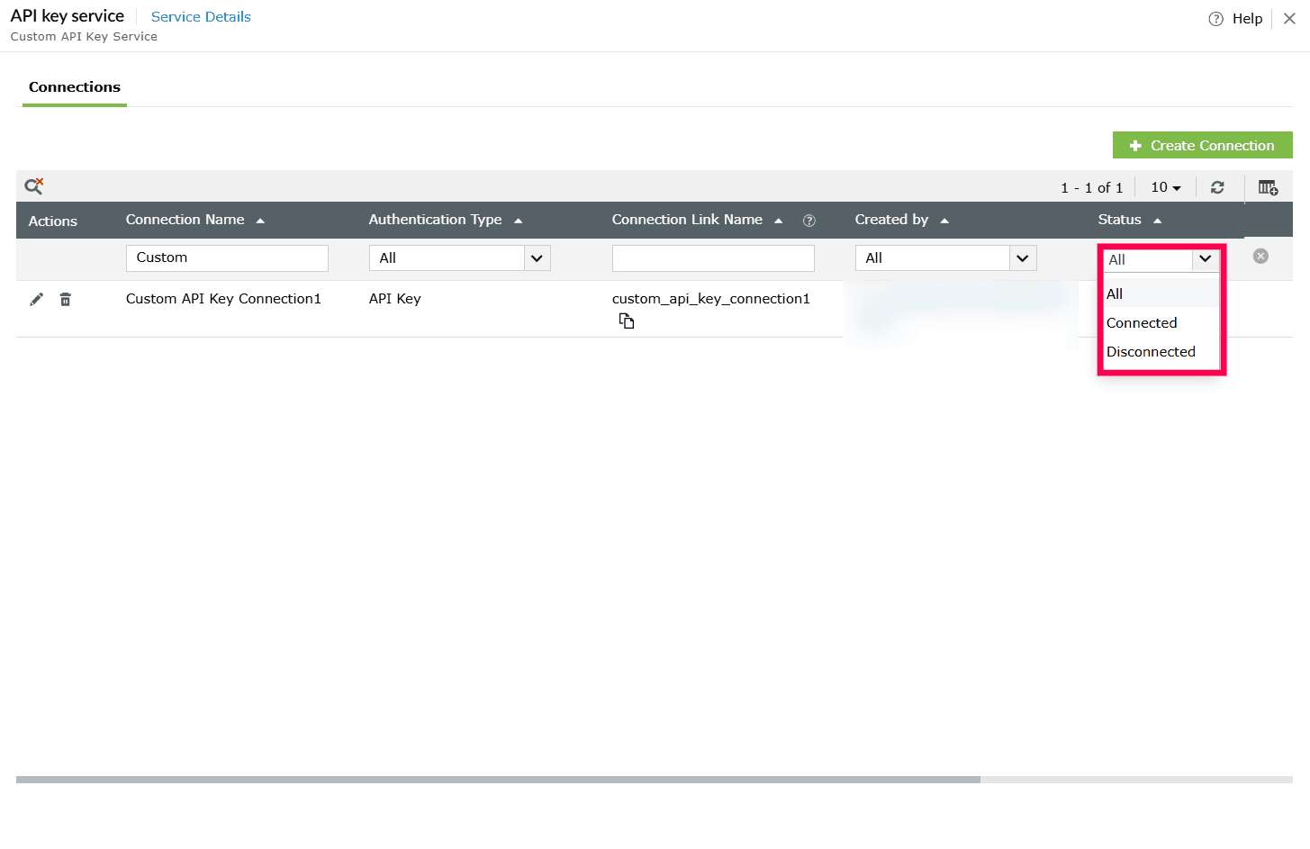 Filtering connection by status
