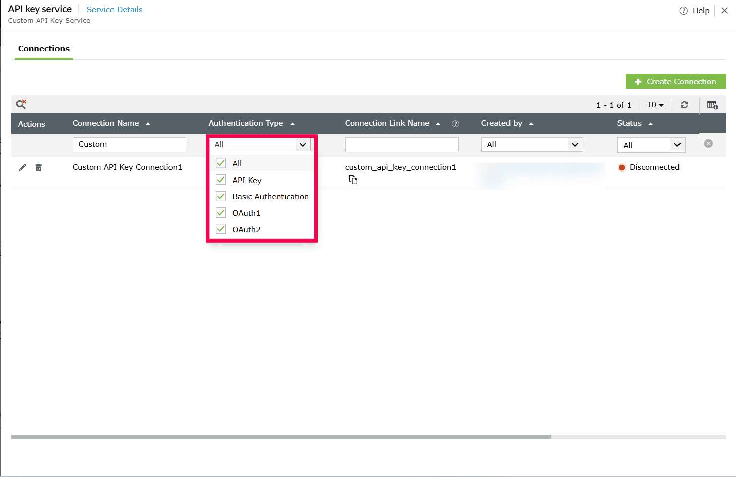 Filtering connection by authentication type