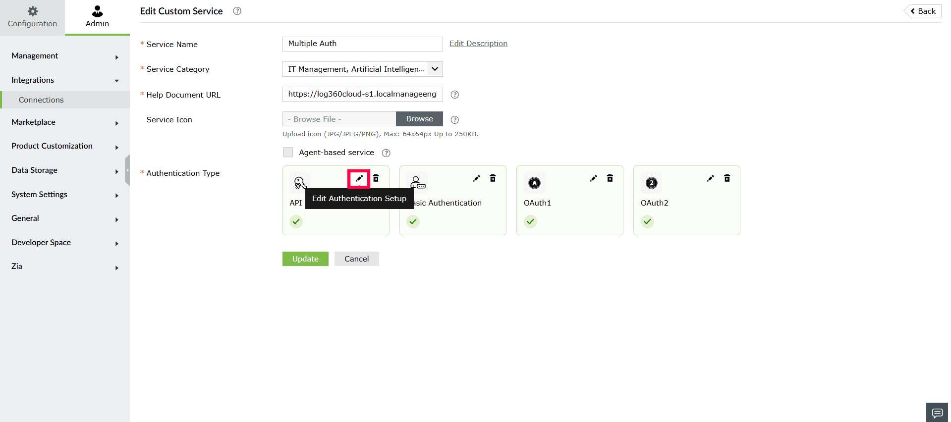 Editing authentication setup