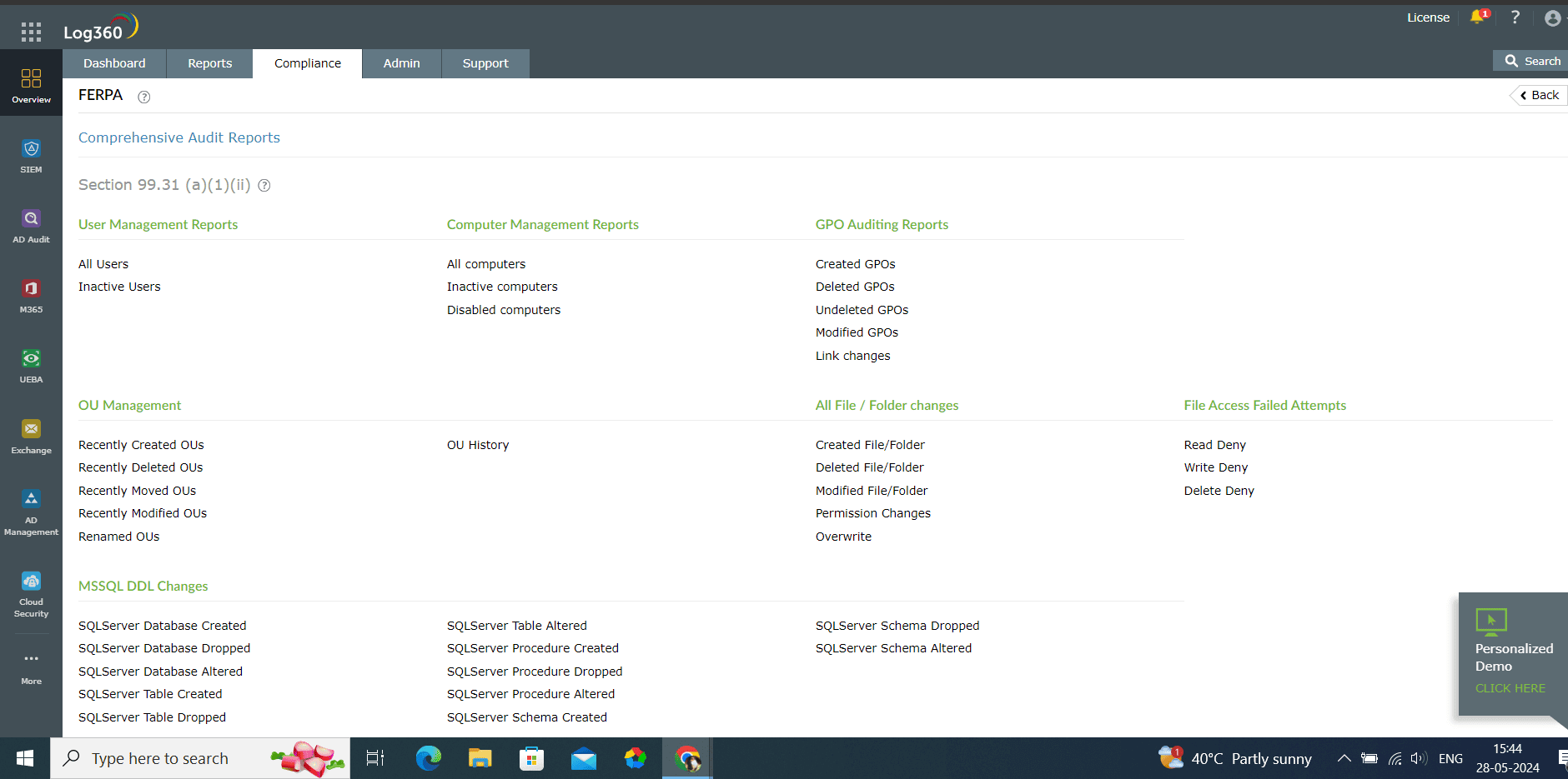 A screenshot from Log360 showing the different clauses under FERPA