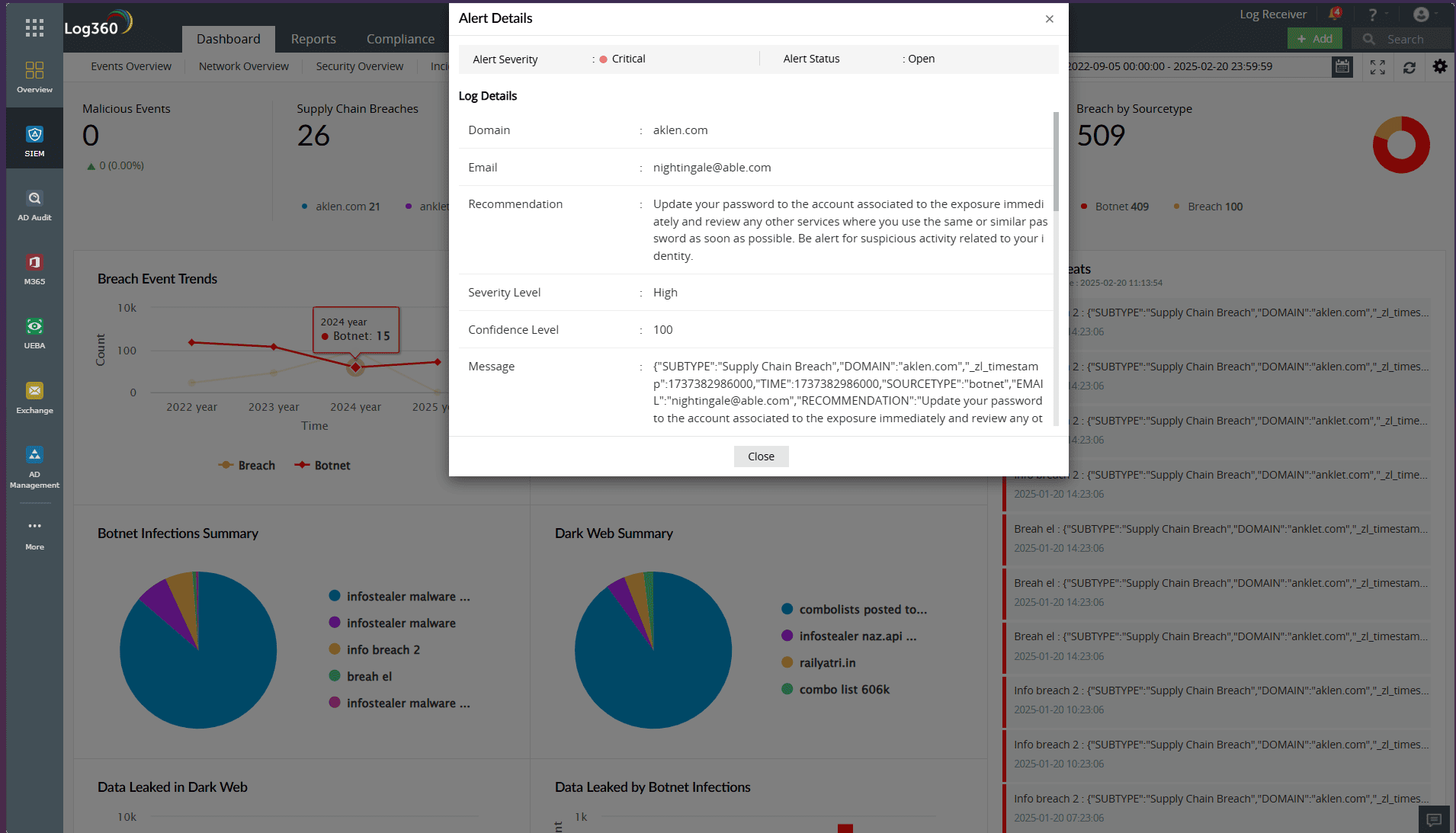 Enhance dark web threat detection and alerts with Log360