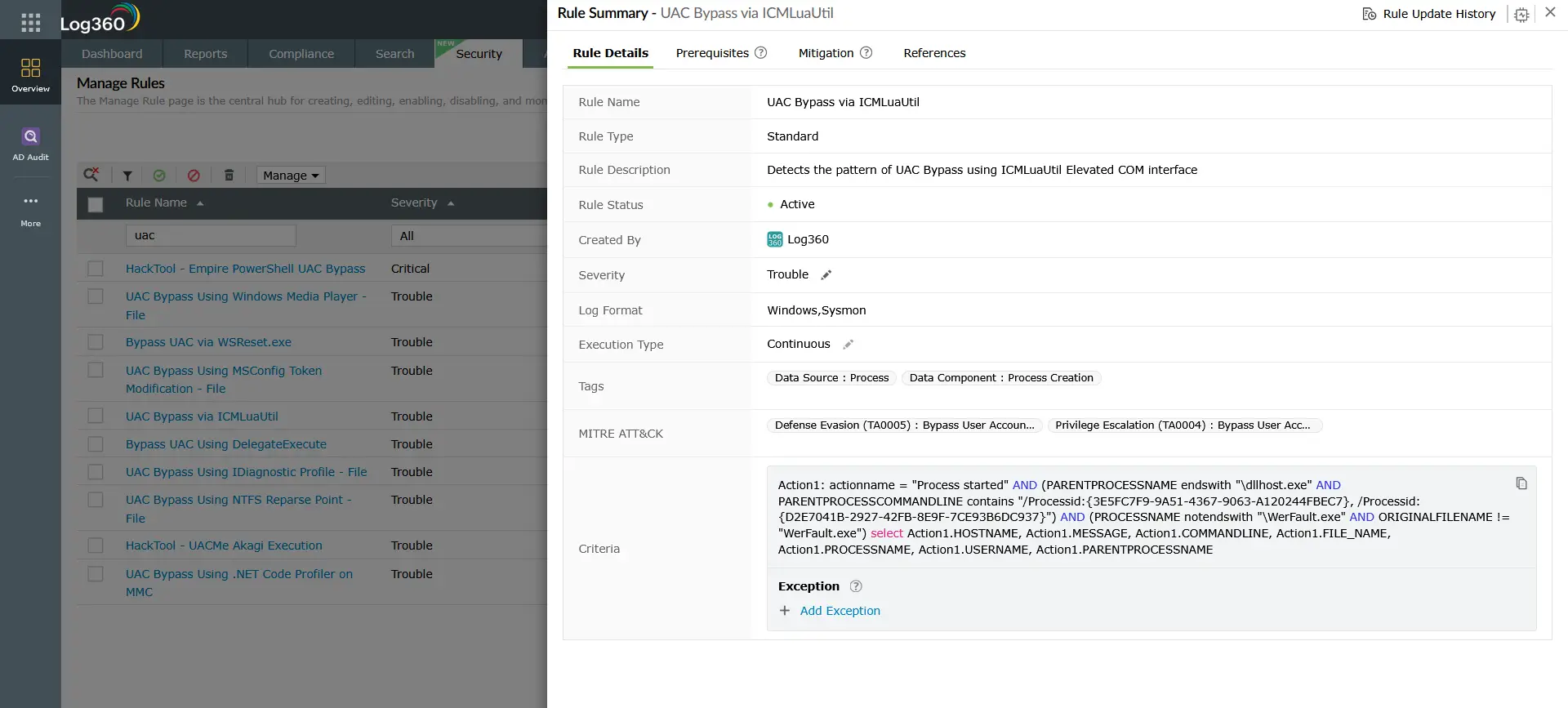 Log360 rule summary panel showing the UAC Bypass via ICMLuaUtil detection rule &mdash; mapped to Privilege Escalation (TA0004) and Defense Evasion (TA0005), with Windows and Sysmon as log formats and process creation criteria targeting dllhost.exe parent process behavior indicative of T1548.002 abuse elevation control exploitation
