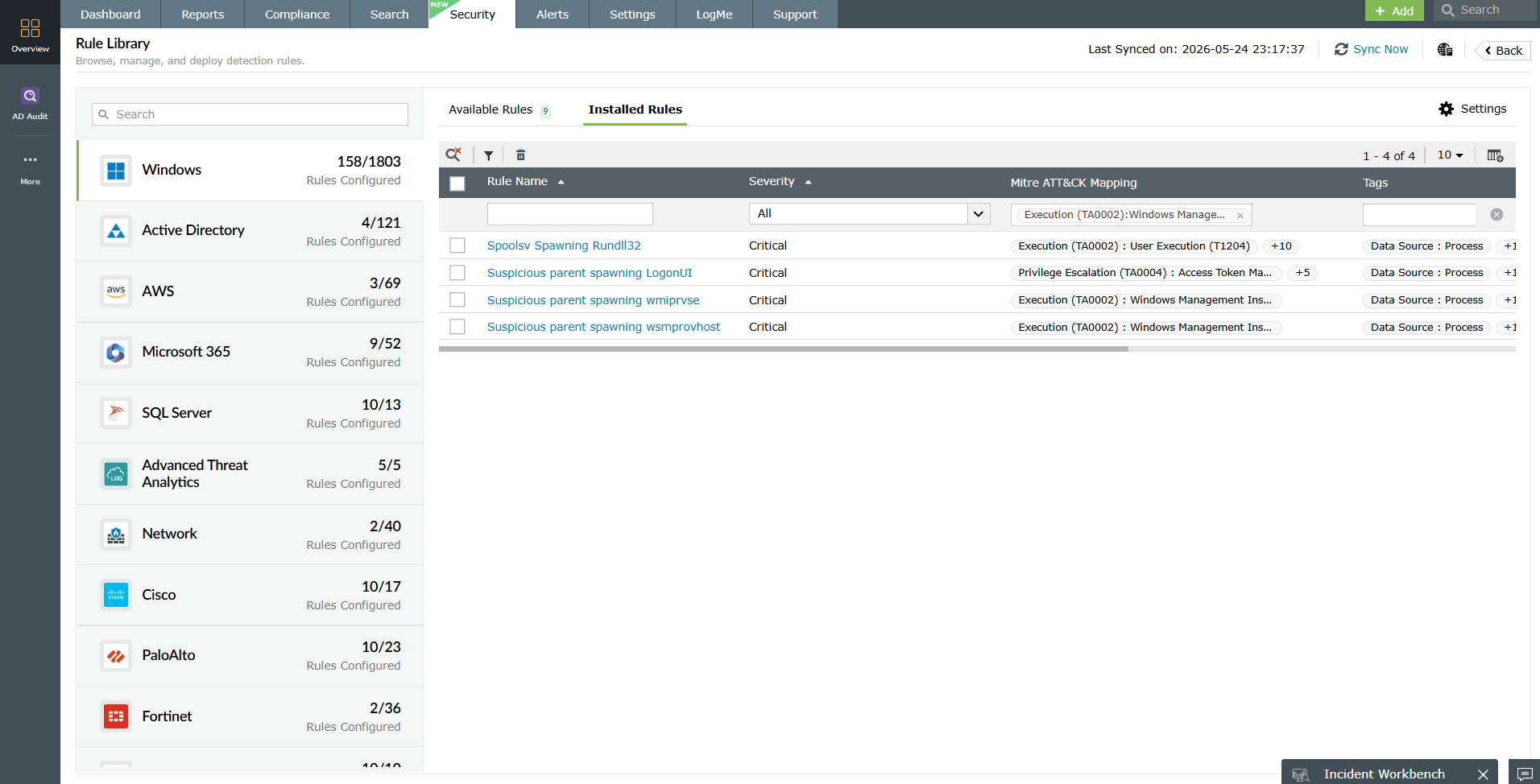 Log360 alert dashboard showing all the rules related to Windows Management Instrumentation abuse (T1047).