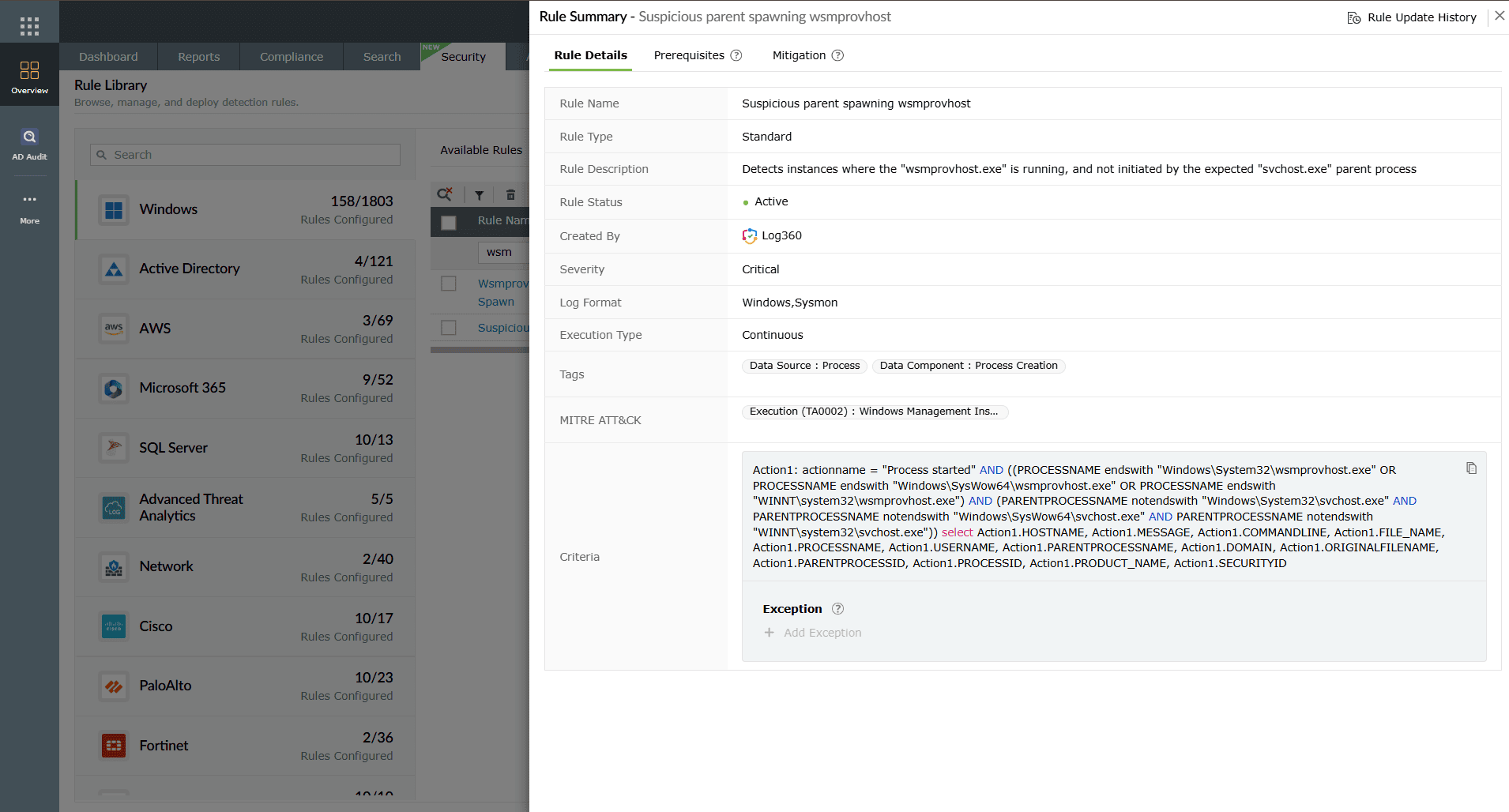 Log360 alert detail showing Suspicious parent spawning wmiprovhost rule.