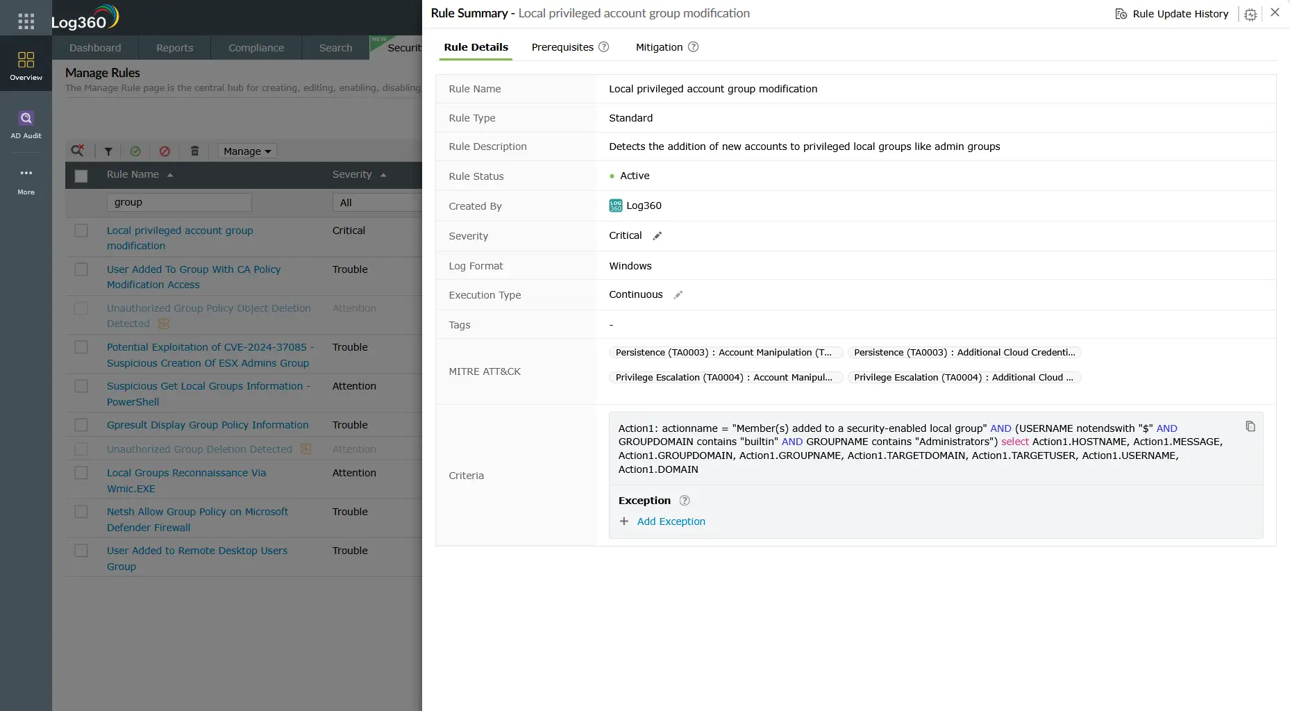 Log360 Manage Rules interface with the Rule Summary panel open for the Local privileged account group modification rule. The panel shows rule type Standard, severity Critical, log format Windows, execution type Continuous, and MITRE ATT&CK mappings to Privilege Escalation (TA0004) and Persistence (TA0003). The left panel lists related group-based rules with severity ratings.