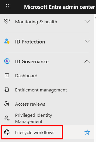 The Entra admin center with the navigation to access the Lifecycle workflows page.