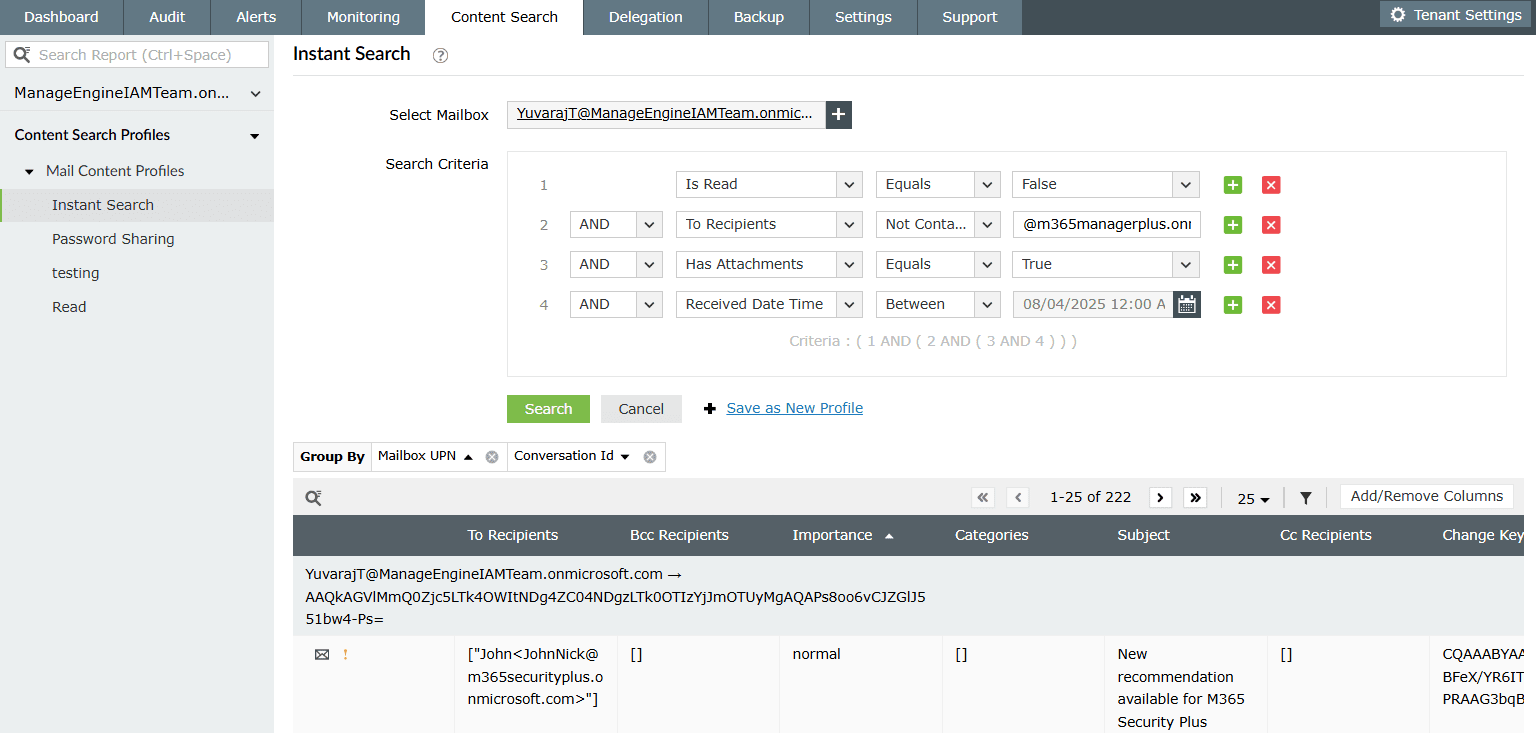 The Instant Search option in M365 Manager Plus with a mailbox selected and numerous search criteria used as filter to search for a specific content.