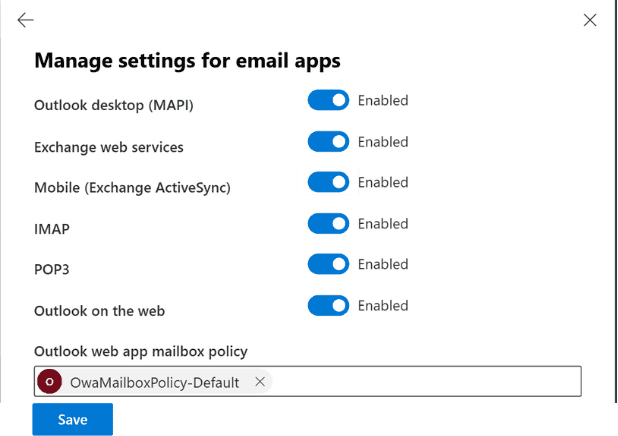The Exchange admin center's Manage settings for email apps pop-up with the Outlook web app mailbox policy field configured.