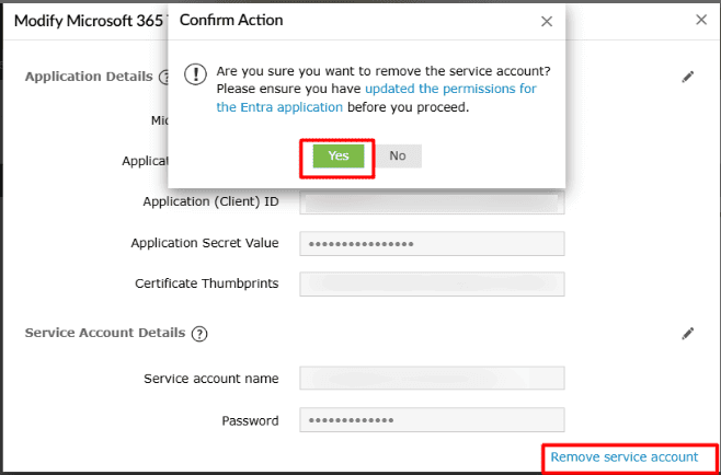 The Remove Service Account option in the Modify Microsoft 365 Tenant Settings of M365 Security Plus.