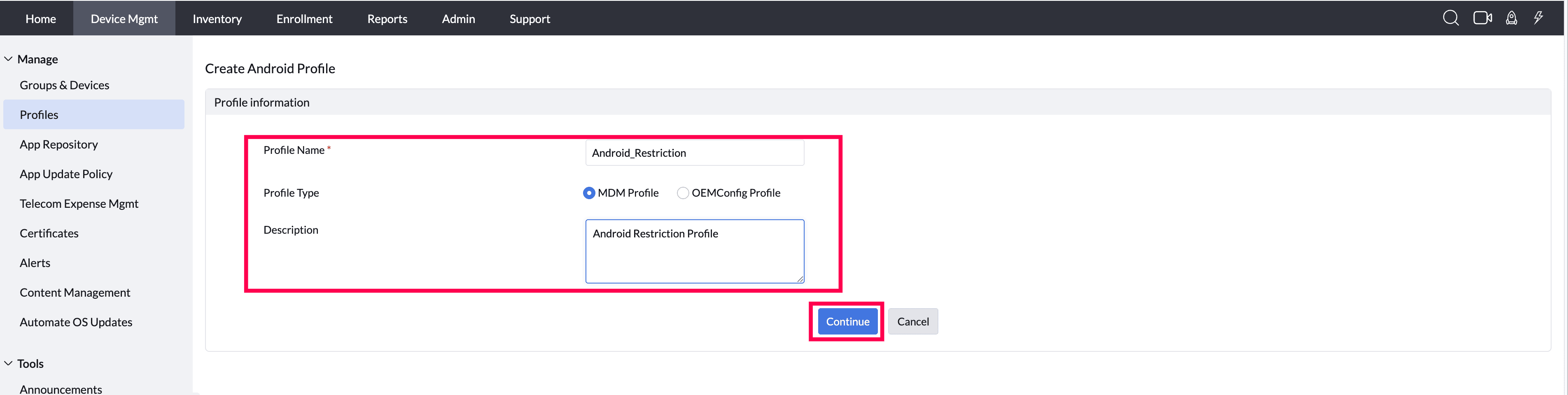 Create Android Profile description
