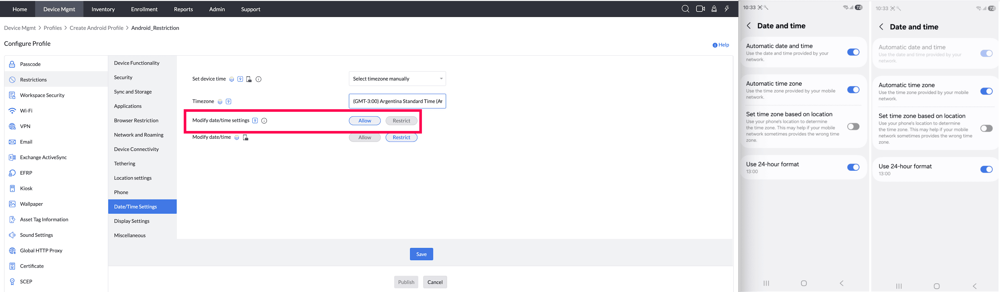 Modify date/time settings