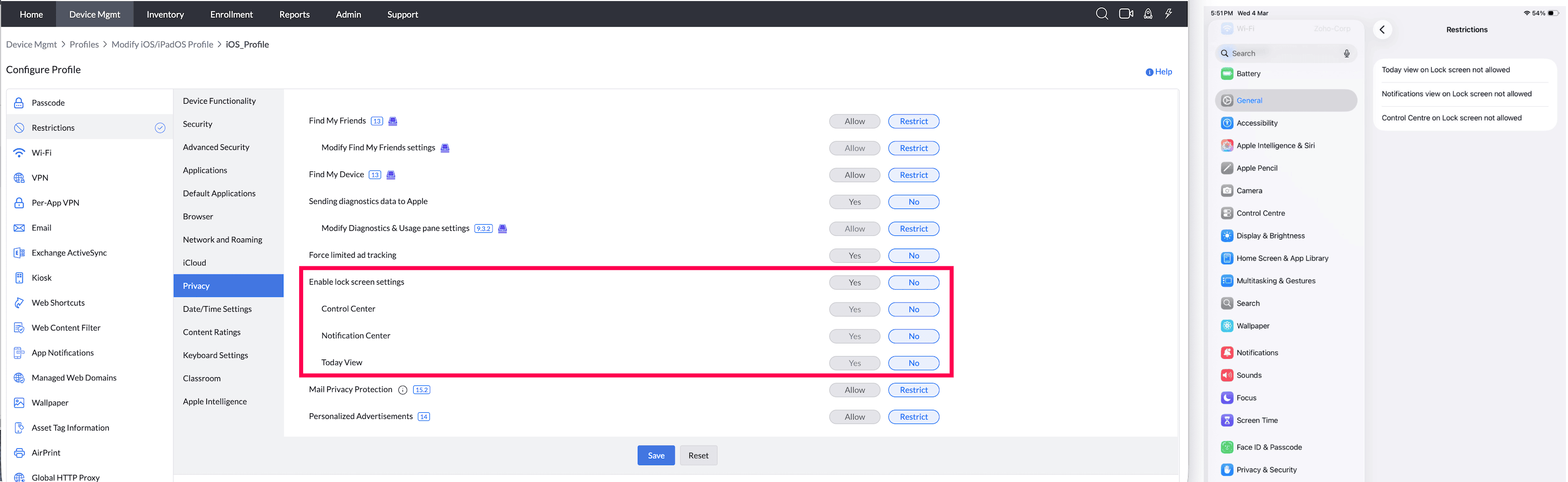 Enable lock screen settings