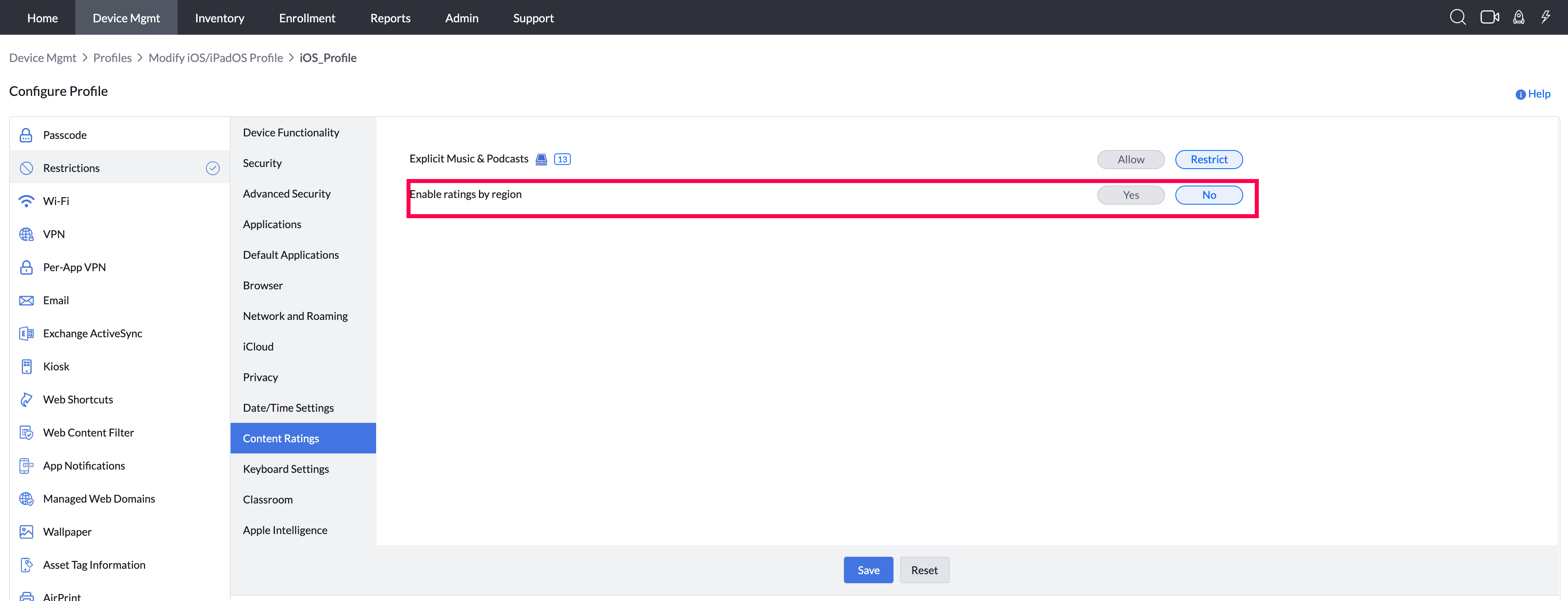 Enable ratings by region