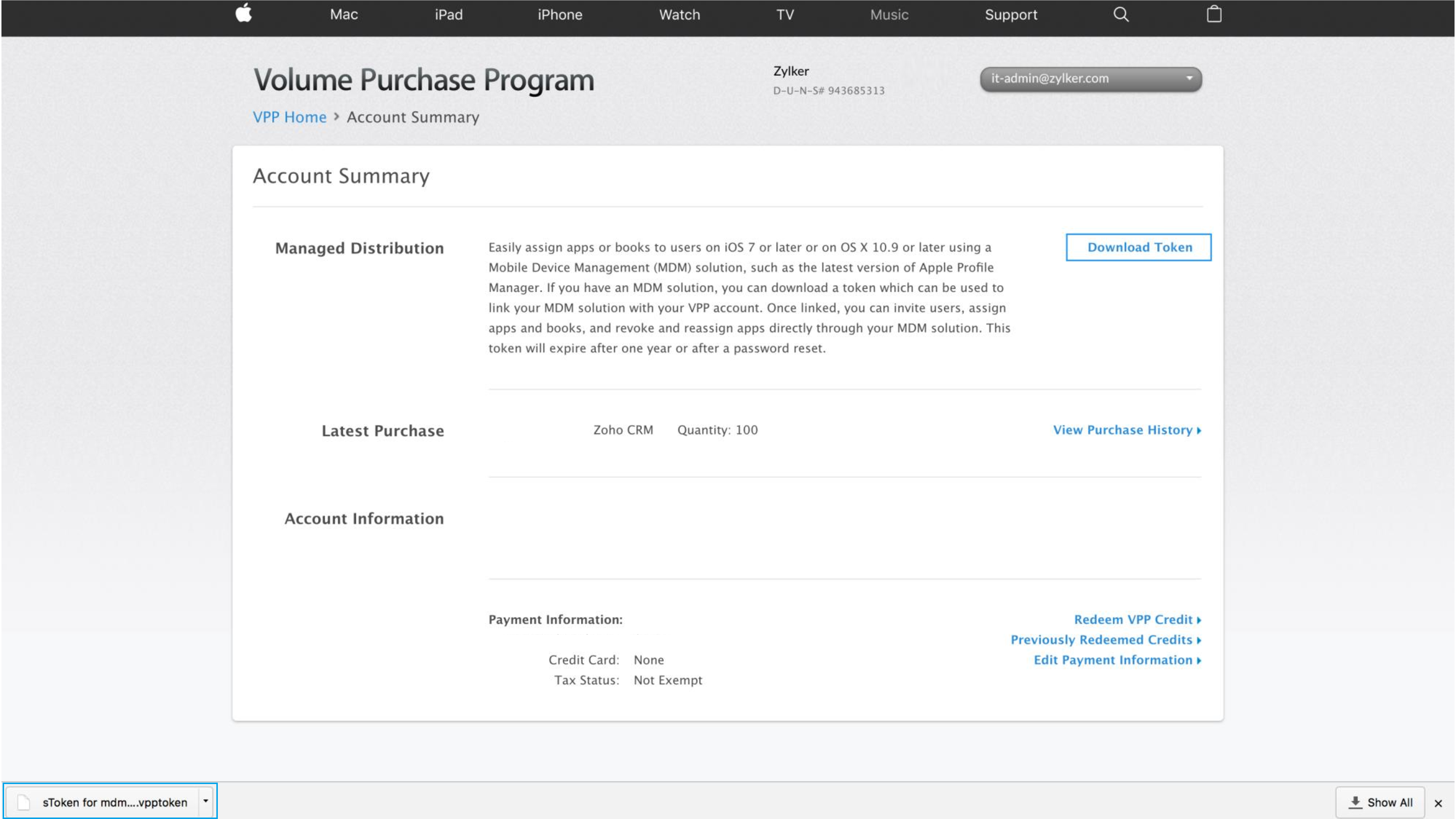 Apple VPP sToken download on the Apple Volume Purchase Program (VPP) portal after login